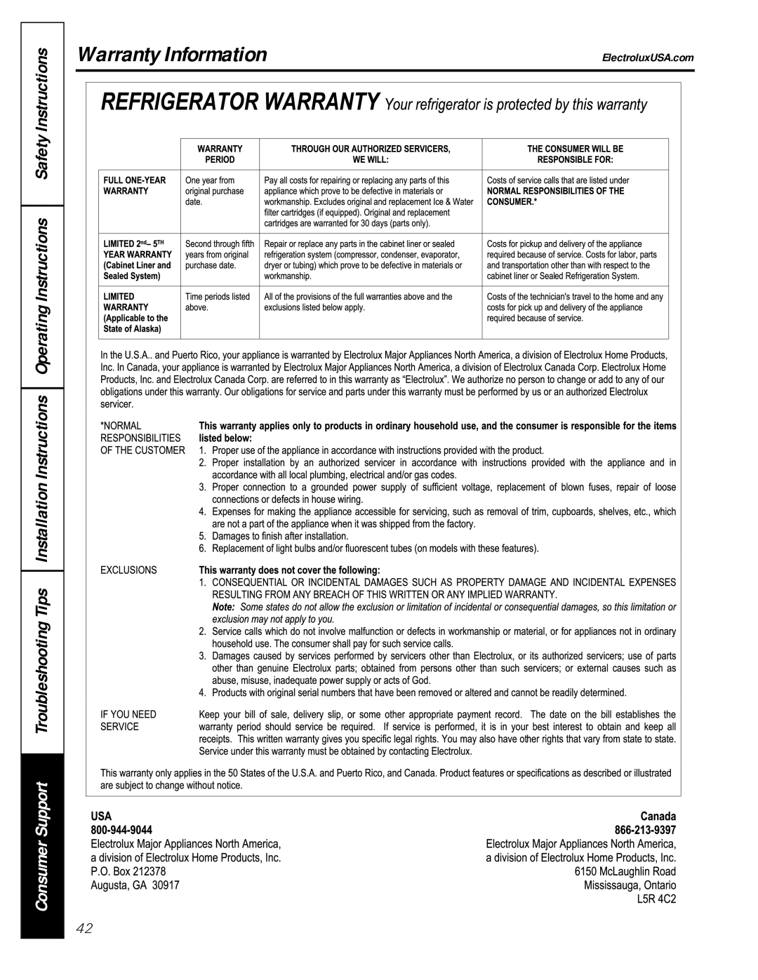 Electrolux 42 owner manual Warranty Information 