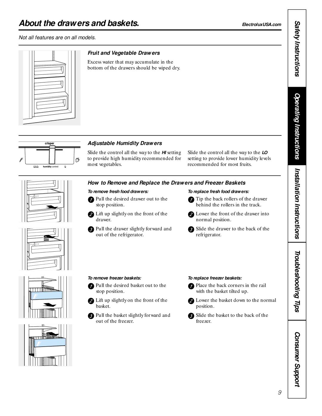 Electrolux 42 owner manual About the drawers and baskets, Fruit and Vegetable Drawers, Adjustable Humidity Drawers 