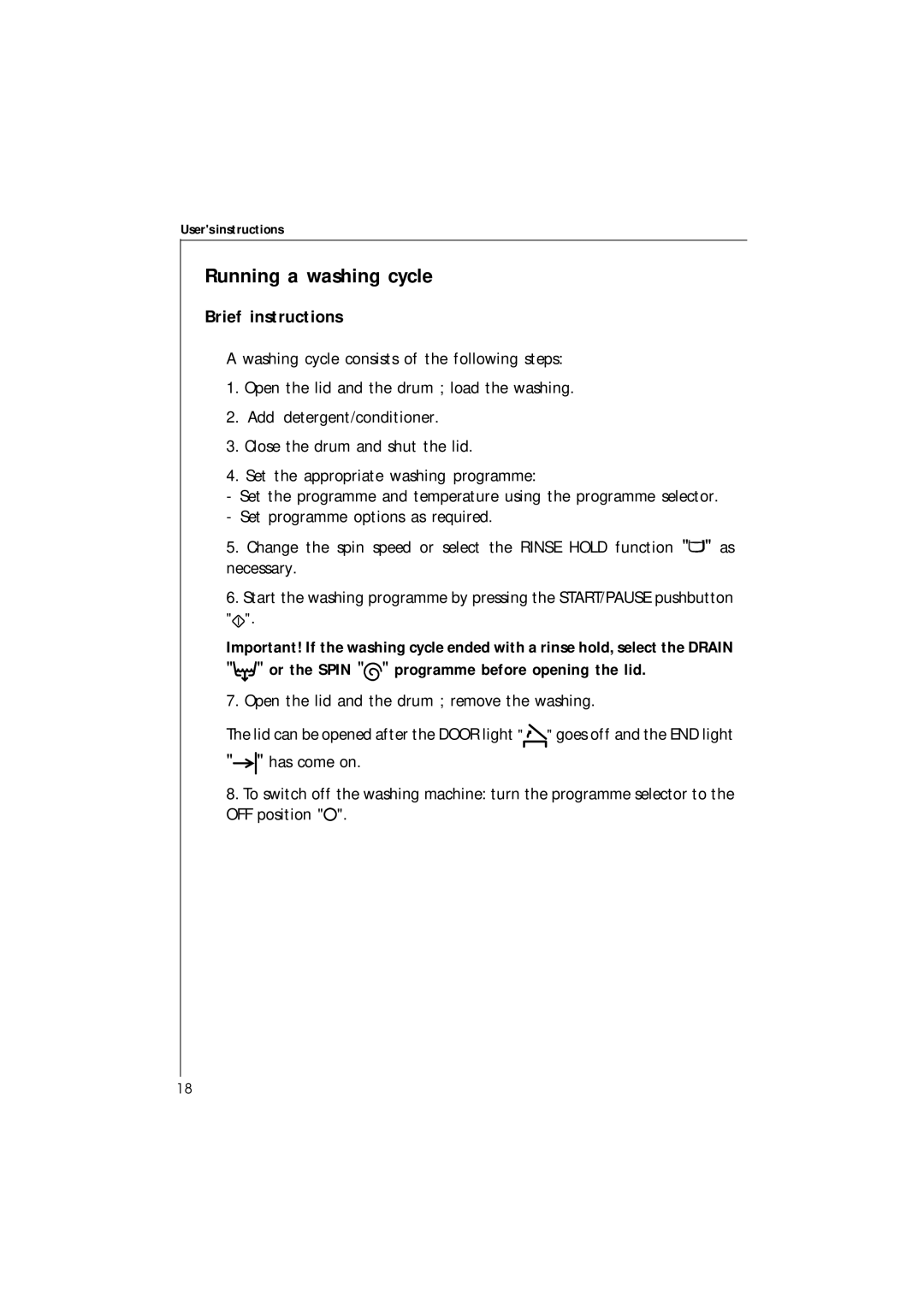 Electrolux 42230 manual Running a washing cycle, Brief instructions 