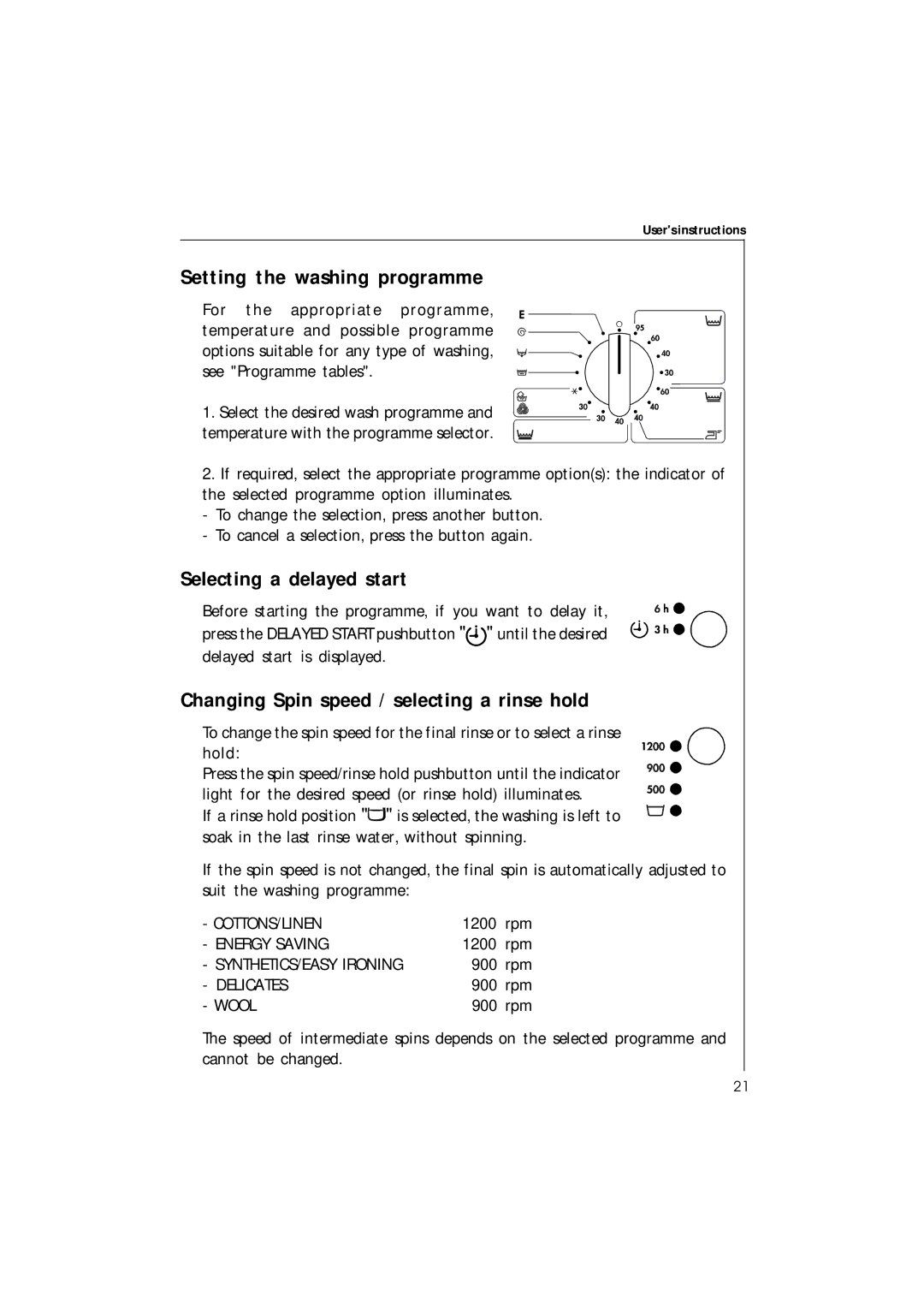 Electrolux 42230 Setting the washing programme, Selecting a delayed start, Changing Spin speed / selecting a rinse hold 