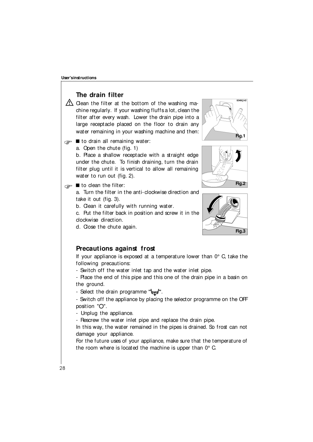 Electrolux 42230 manual Drain filter, Precautions against frost 