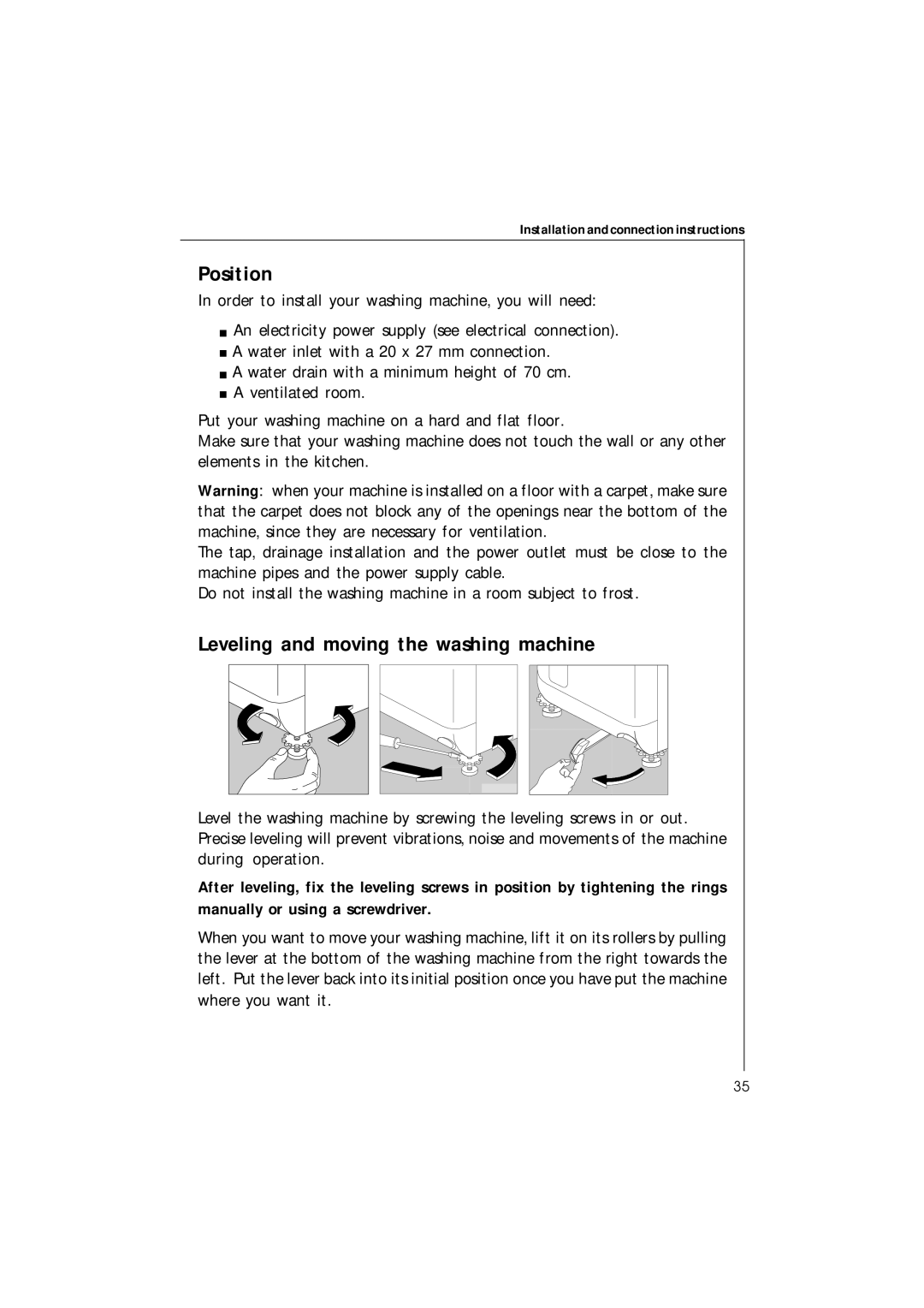 Electrolux 42230 manual Position, Leveling and moving the washing machine 