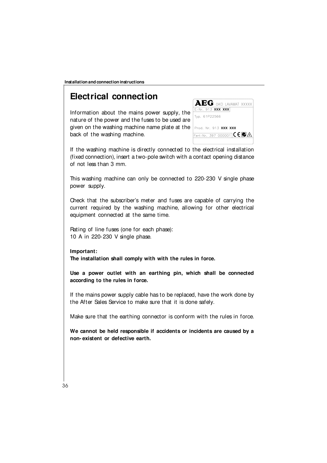 Electrolux 42230 manual Electrical connection 