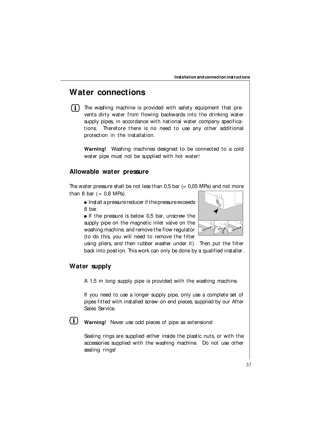 Electrolux 42230 manual Water connections, Allowable water pressure, Water supply 