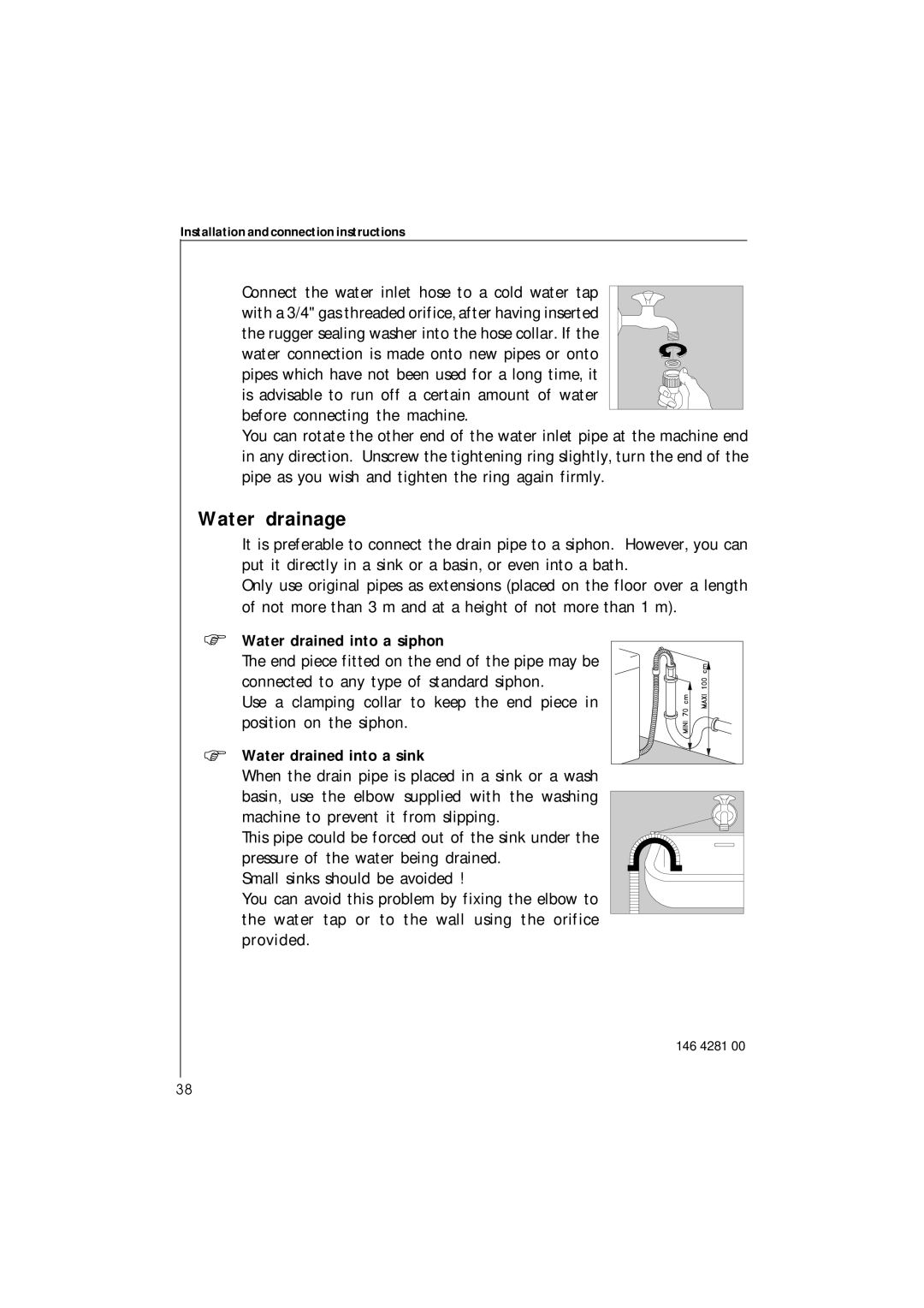 Electrolux 42230 manual Water drainage, Water drained into a siphon, Water drained into a sink 