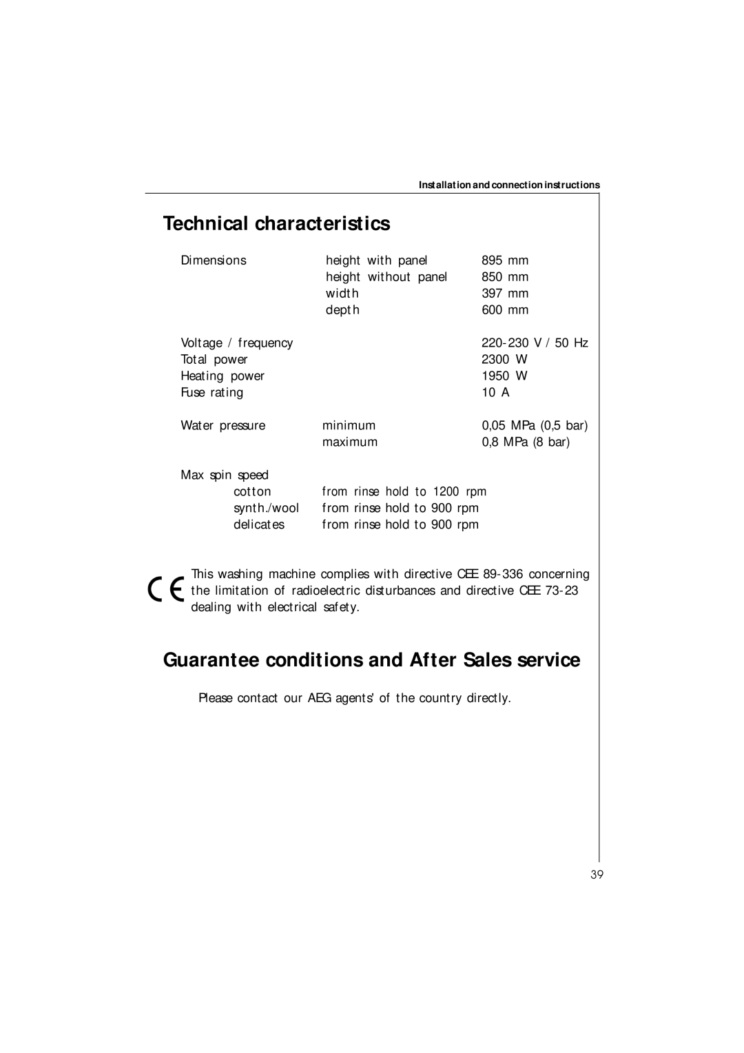 Electrolux 42230 manual Technical characteristics, Guarantee conditions and After Sales service 