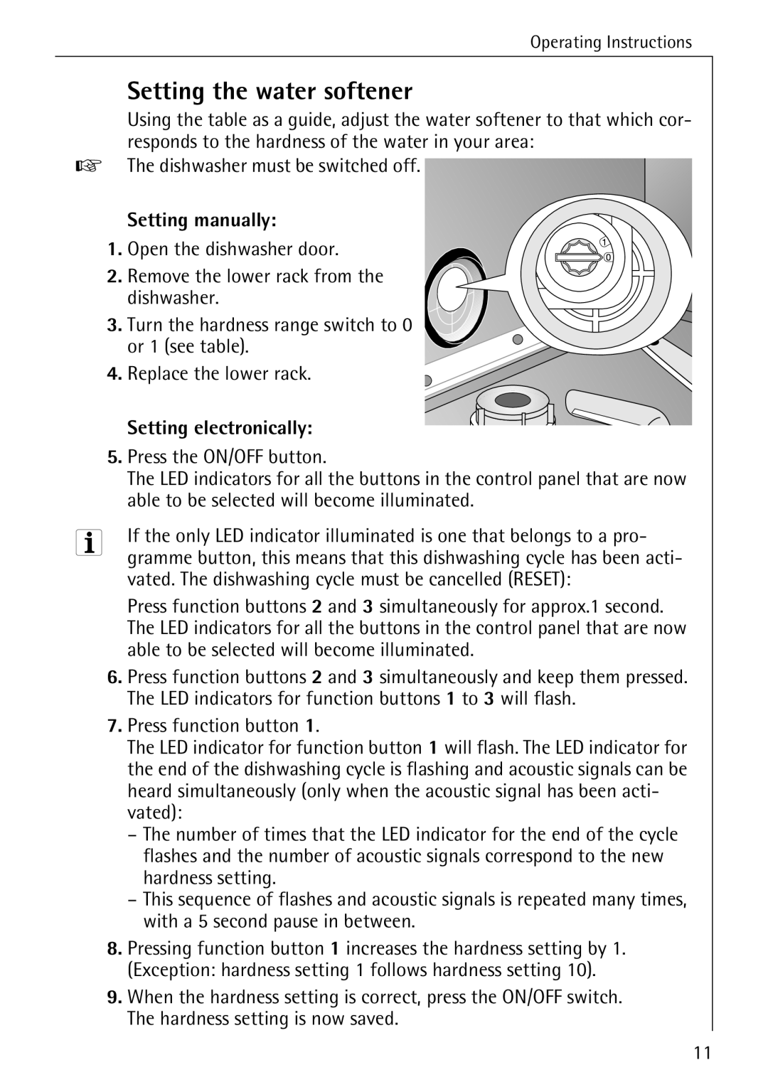 Electrolux 44050 VI Setting the water softener, Setting manually, Setting electronically 