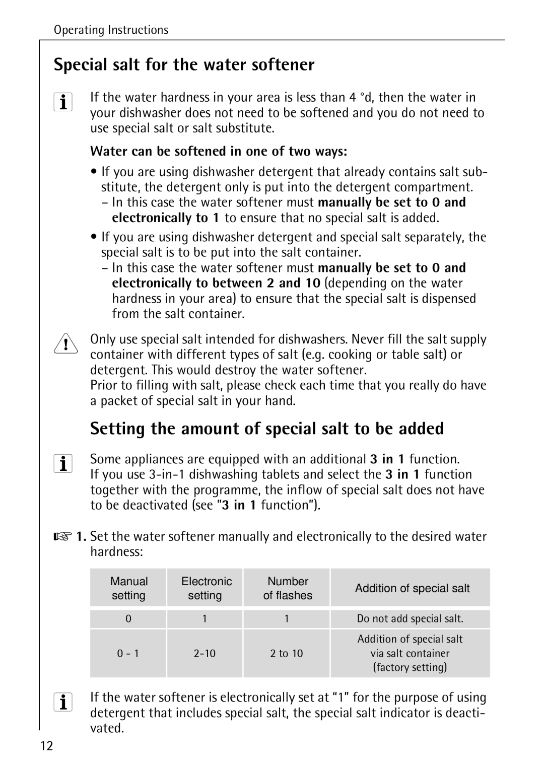 Electrolux 44050 VI manual Special salt for the water softener, Use special salt or salt substitute, Vated 