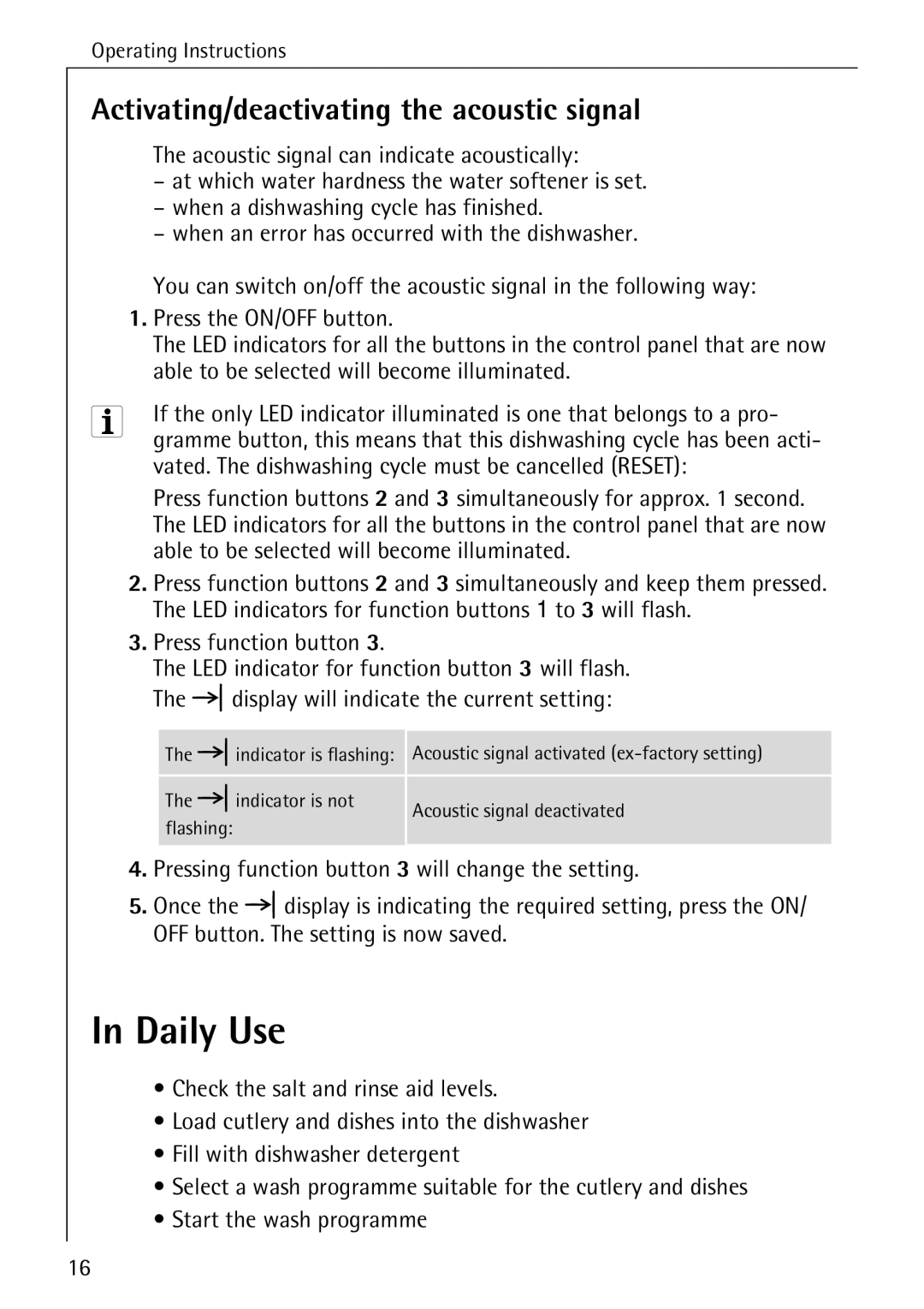 Electrolux 44050 VI manual Daily Use, Activating/deactivating the acoustic signal, Press function button 