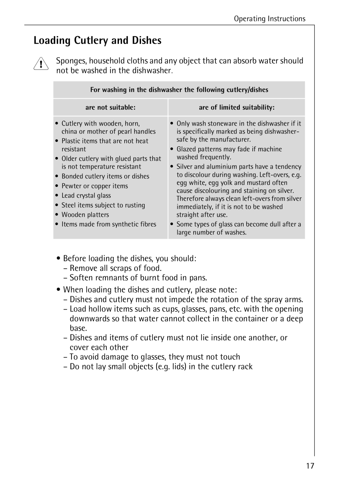 Electrolux 44050 VI manual Loading Cutlery and Dishes, Not be washed in the dishwasher 