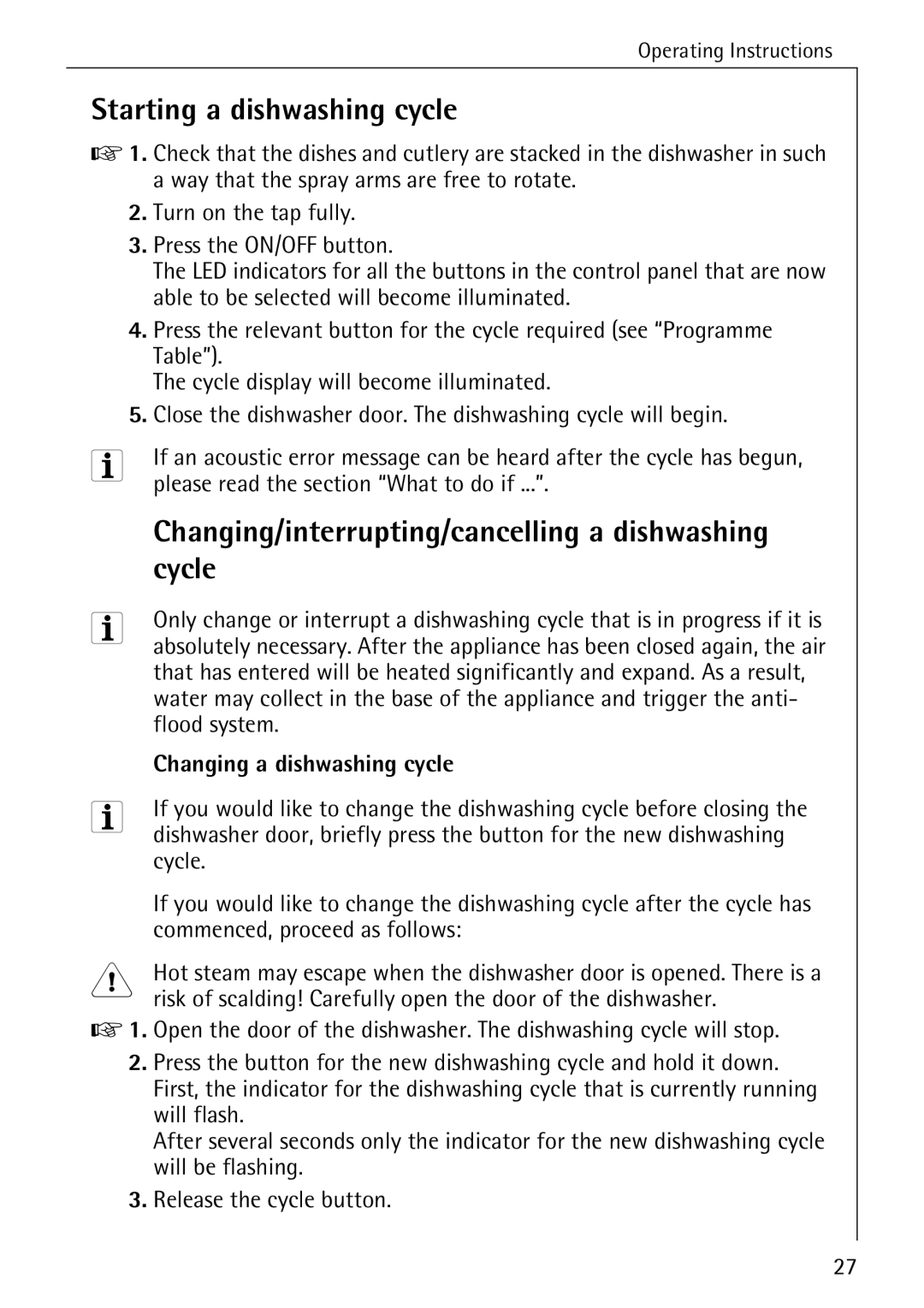Electrolux 44050 VI manual Starting a dishwashing cycle, Cycle, Changing a dishwashing cycle 