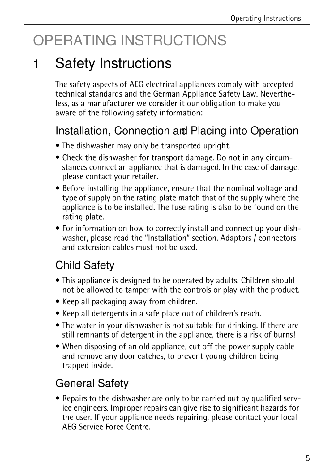 Electrolux 44050 VI Safety Instructions, Installation, Connection and Placing into Operation, Child Safety, General Safety 