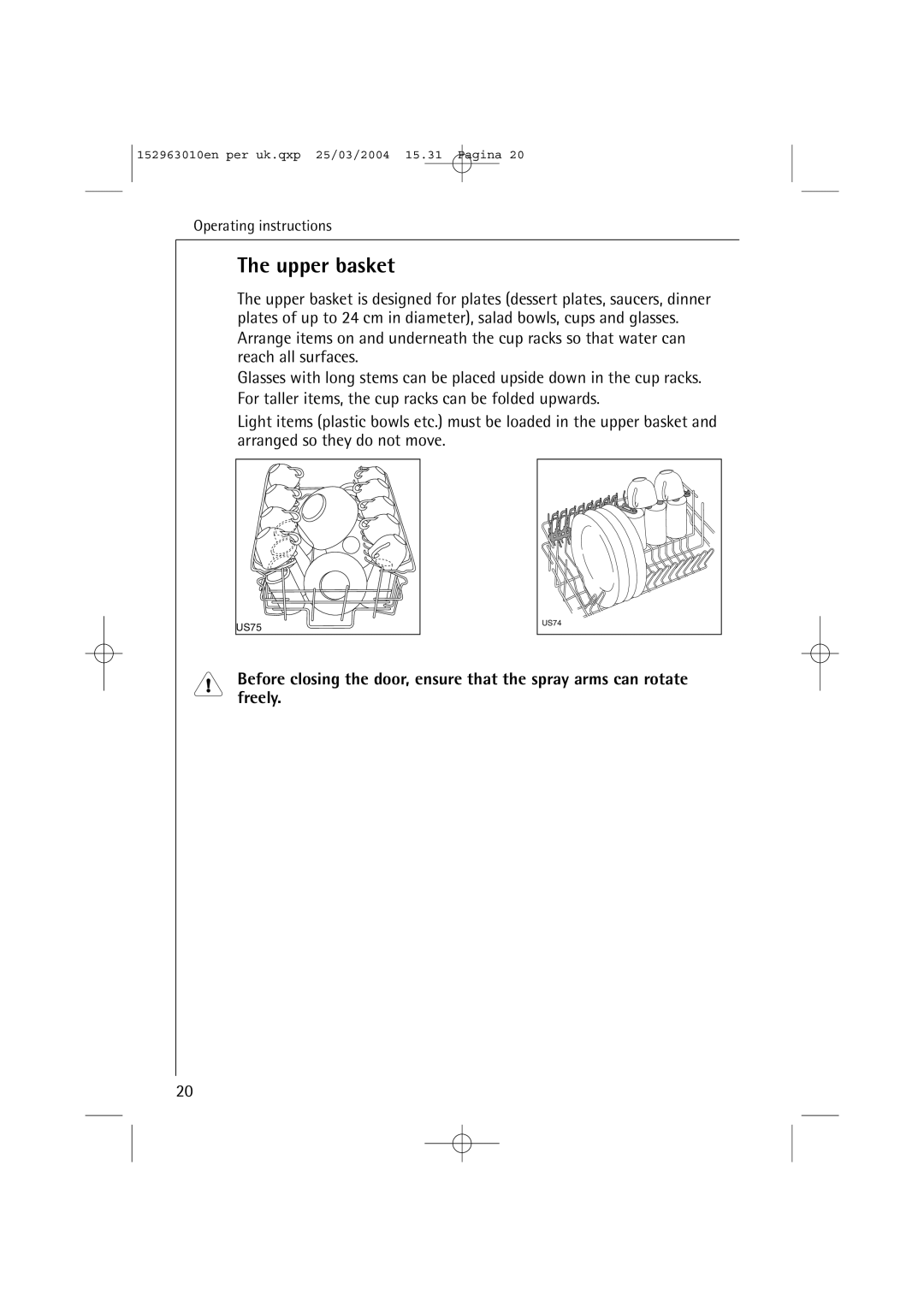 Electrolux 44450 manual Upper basket 