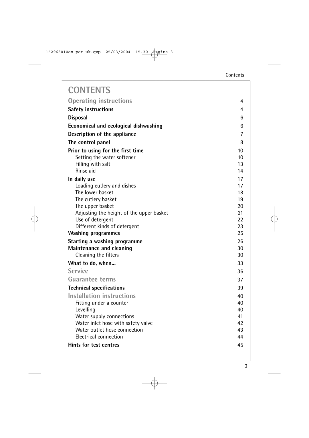 Electrolux 44450 manual Contents 