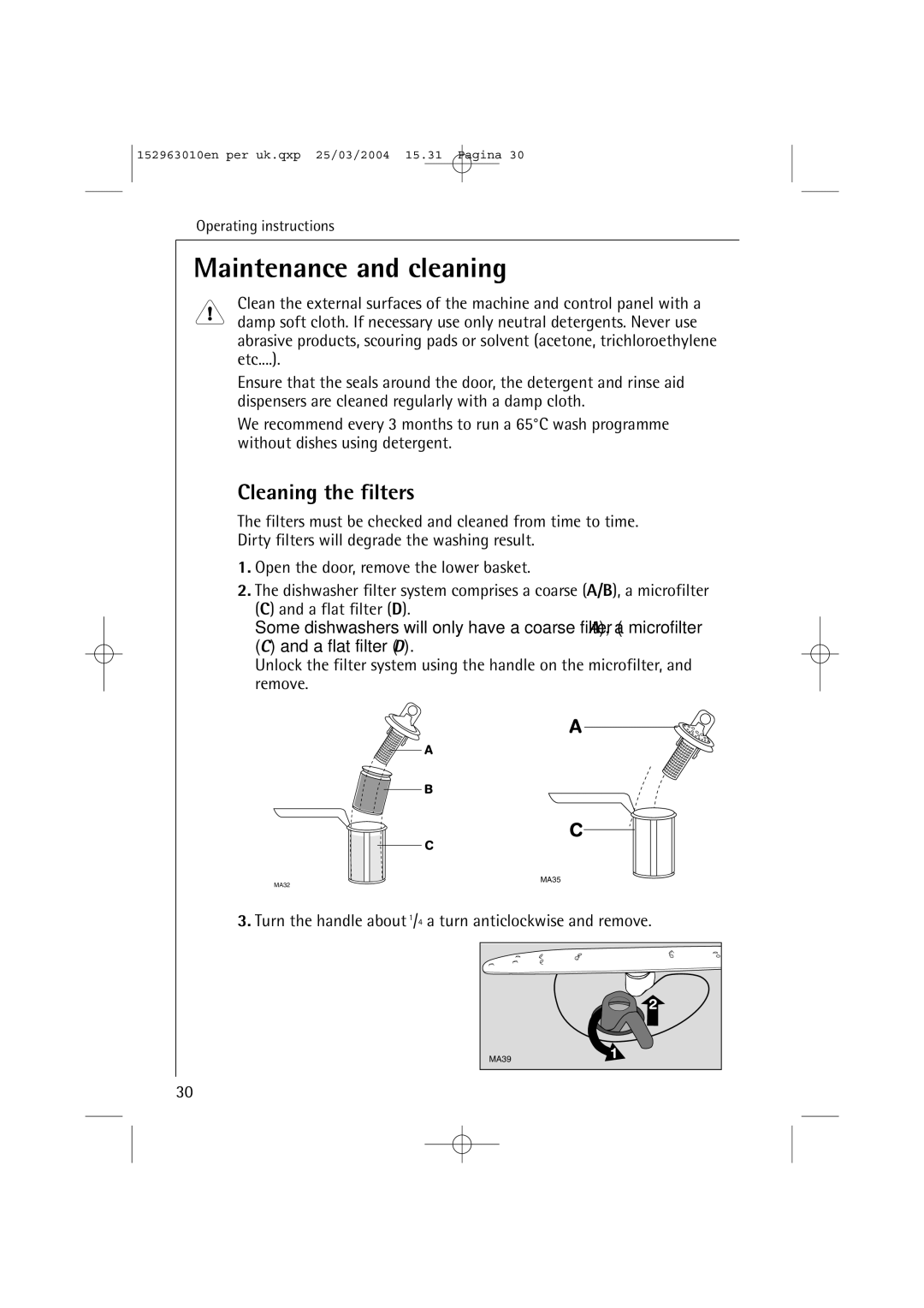 Electrolux 44450 manual Maintenance and cleaning, Cleaning the filters 