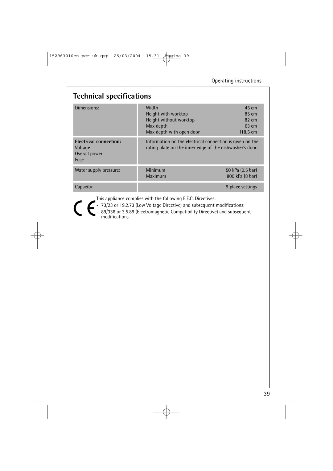 Electrolux 44450 manual Technical specifications, Electrical connection 