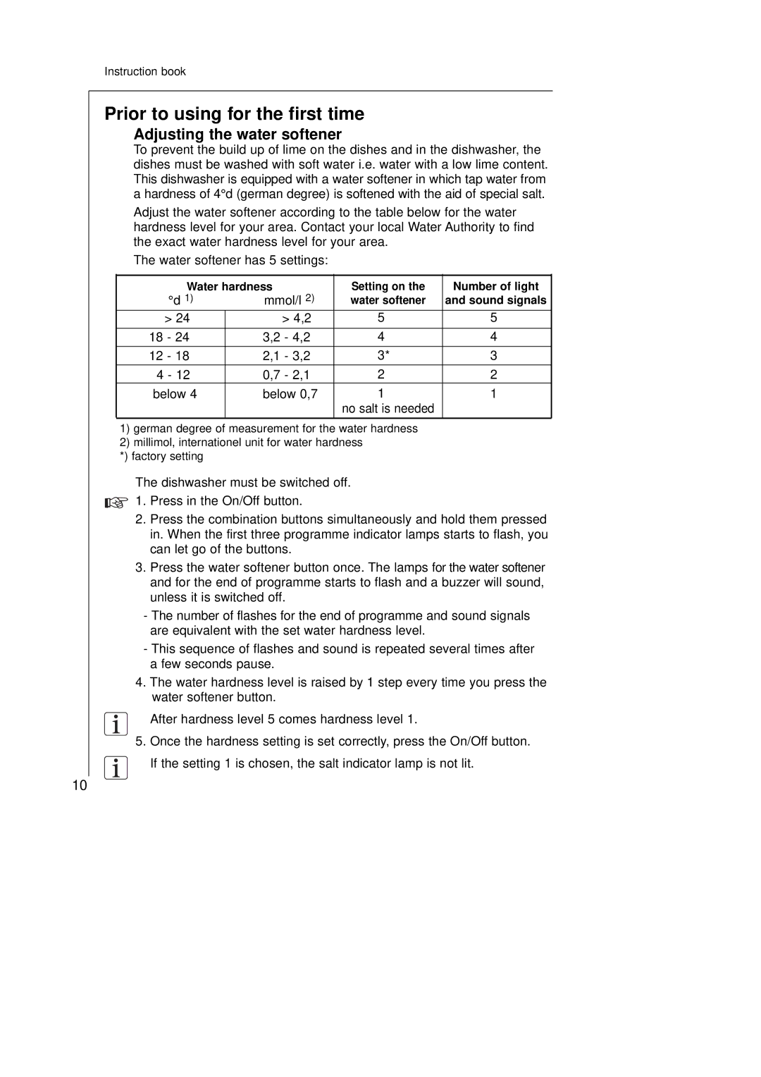 Electrolux 45250Vi manual Prior to using for the first time, Adjusting the water softener 