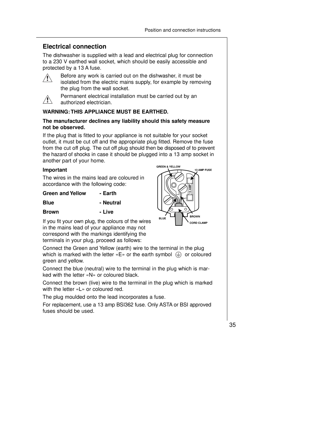 Electrolux 45250Vi manual Electrical connection, Green and Yellow Earth Blue- Neutral Brown- Live 