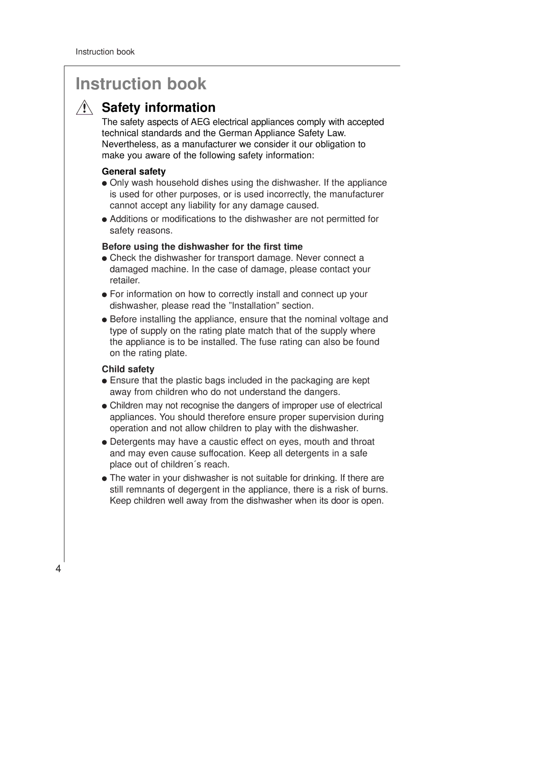 Electrolux 45250Vi manual Safety information, General safety, Before using the dishwasher for the first time, Child safety 