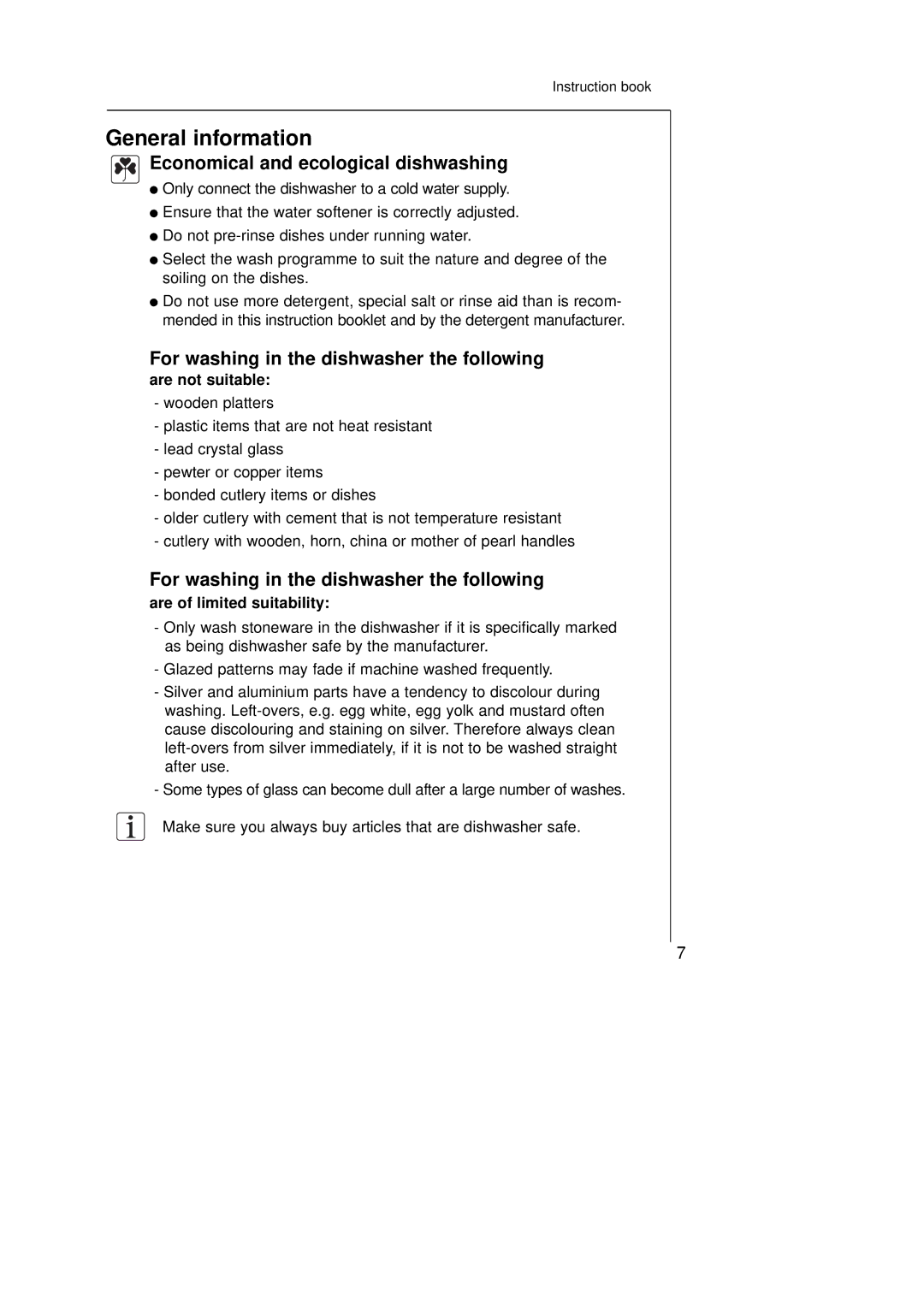 Electrolux 45250Vi General information, Economical and ecological dishwashing, For washing in the dishwasher the following 