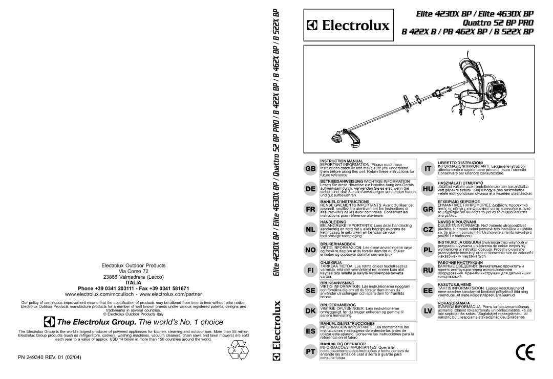 Electrolux 422X B manual Electrolux Outdoor Products Via Como Valmadrera Lecco, Phone +39 0341 203111 Fax +39 0341 