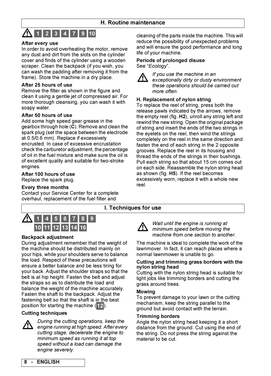 Electrolux 255X BP, 462X BP, 422X B manual Routine maintenance, 3 4 7 9, Techniques for use, 5 6 7 8 9 10 11 12 13 14 