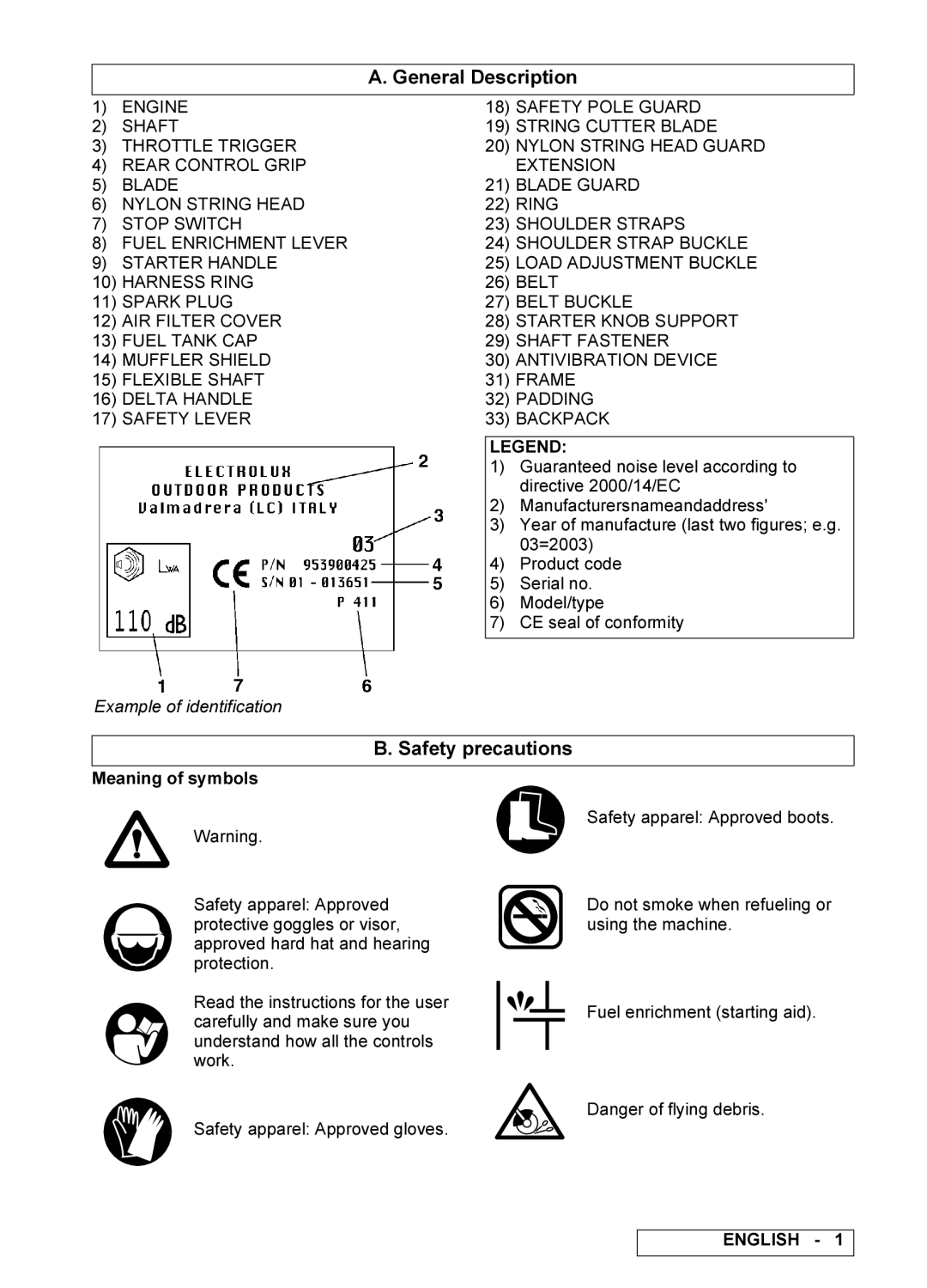 Electrolux 422X B, 462X BP, 255X BP manual General Description, Safety precautions 