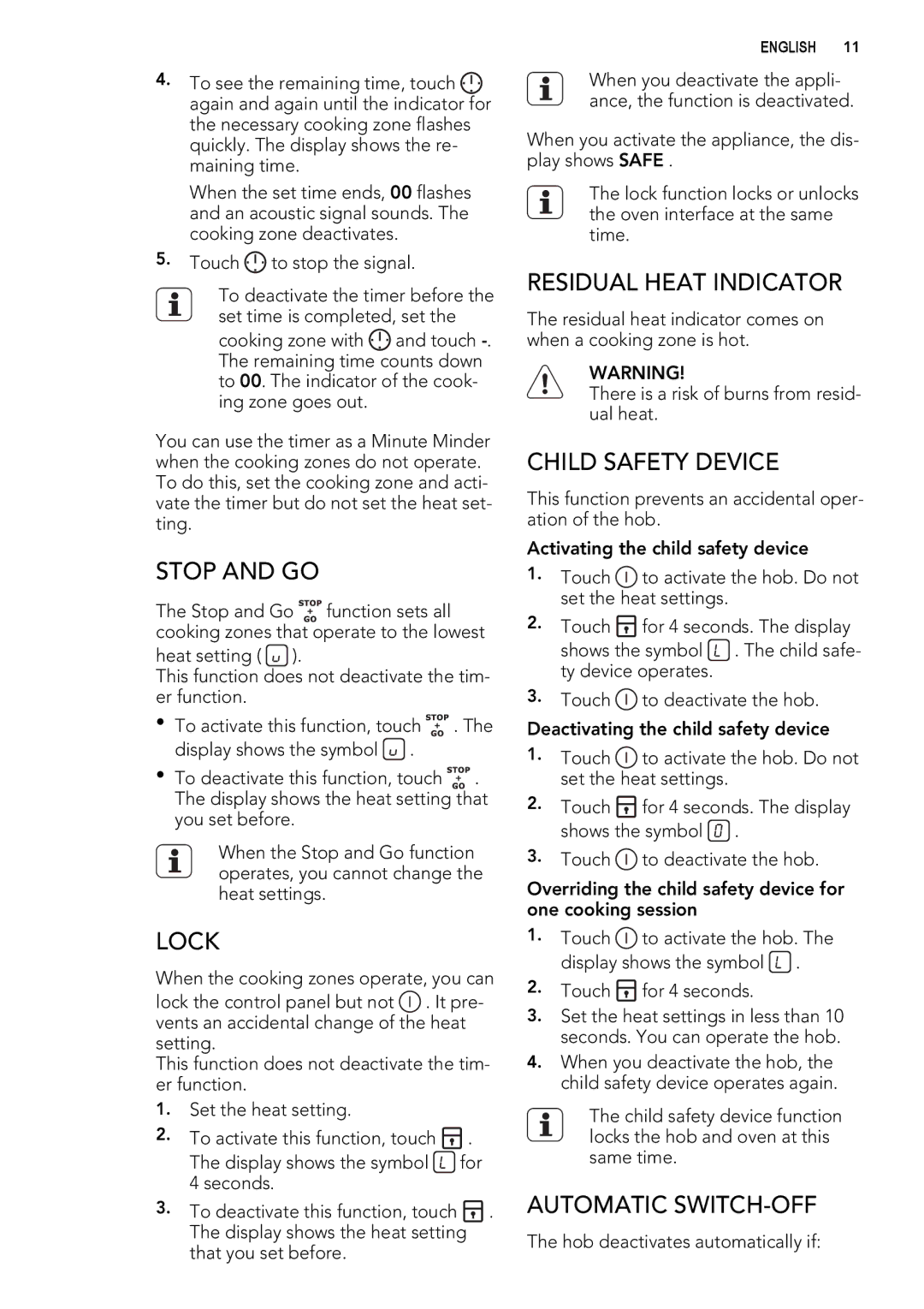 Electrolux 49002VMN user manual Stop and GO, Lock, Residual Heat Indicator, Child Safety Device, Automatic SWITCH-OFF 