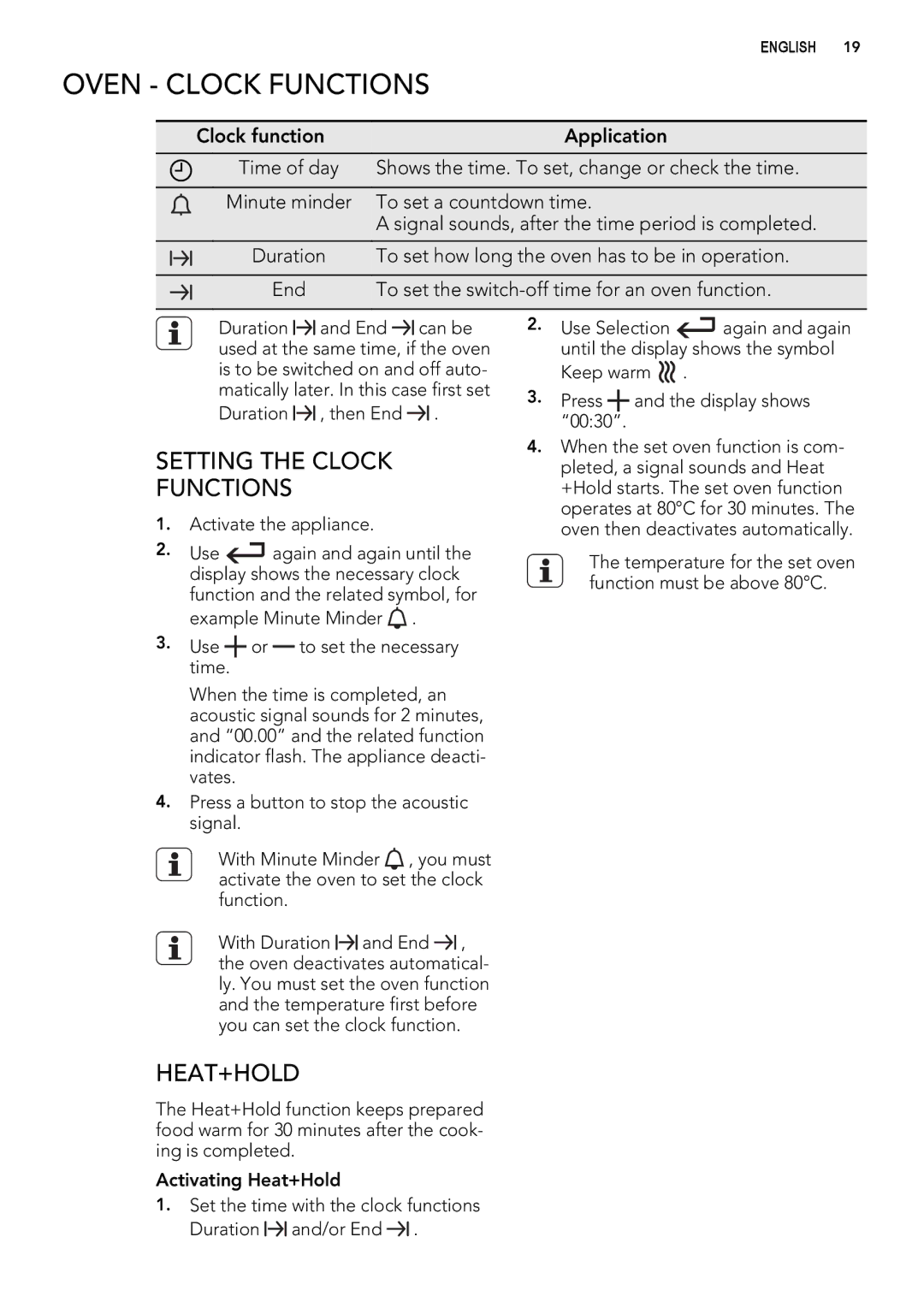 Electrolux 49002VMN user manual Oven Clock Functions, Setting the Clock Functions, Heat+Hold 