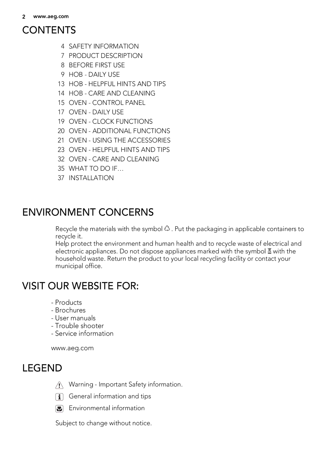 Electrolux 49002VMN user manual Contents, Environment Concerns, Visit OUR Website for 