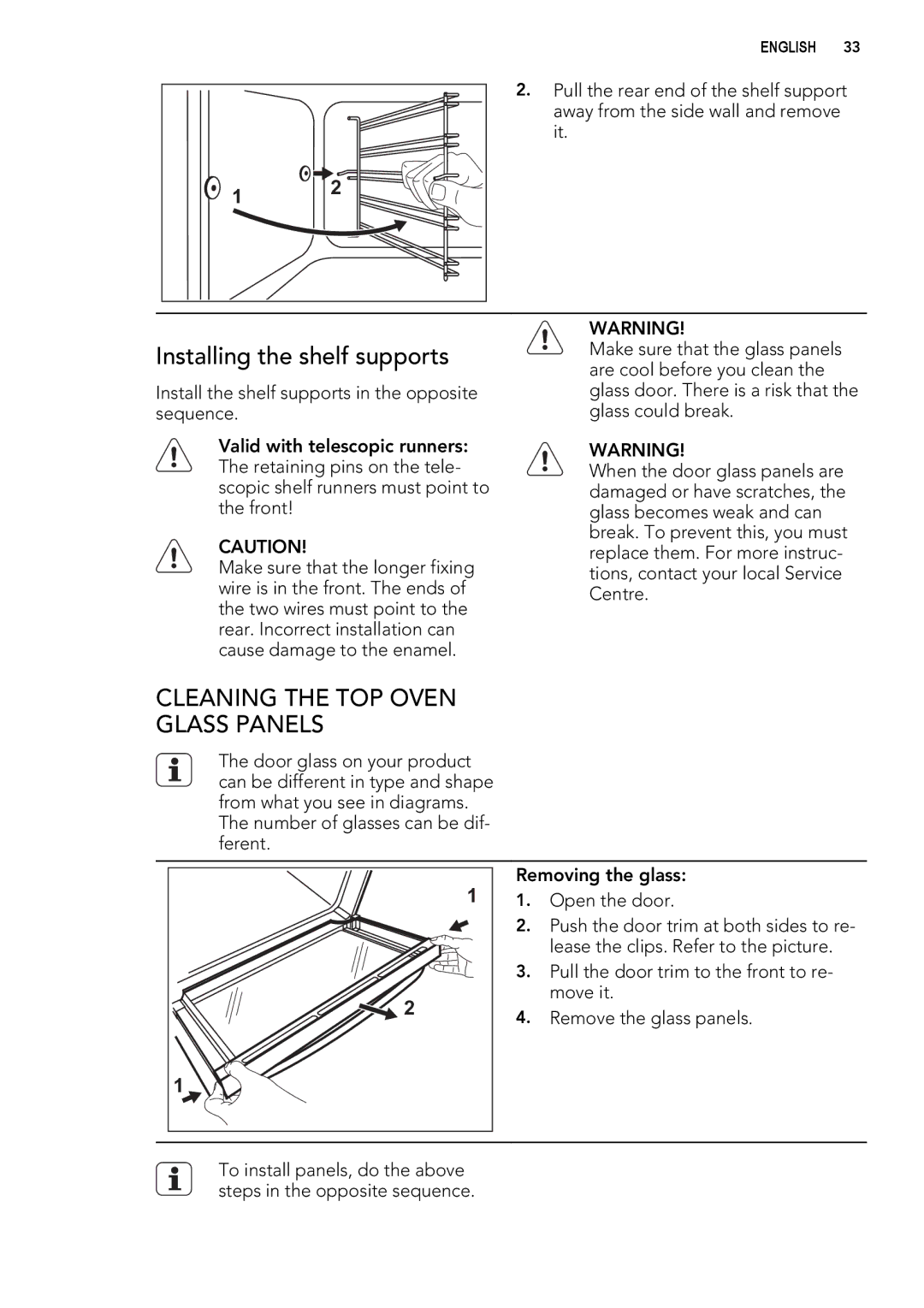 Electrolux 49002VMN user manual Installing the shelf supports, Cleaning the TOP Oven Glass Panels 