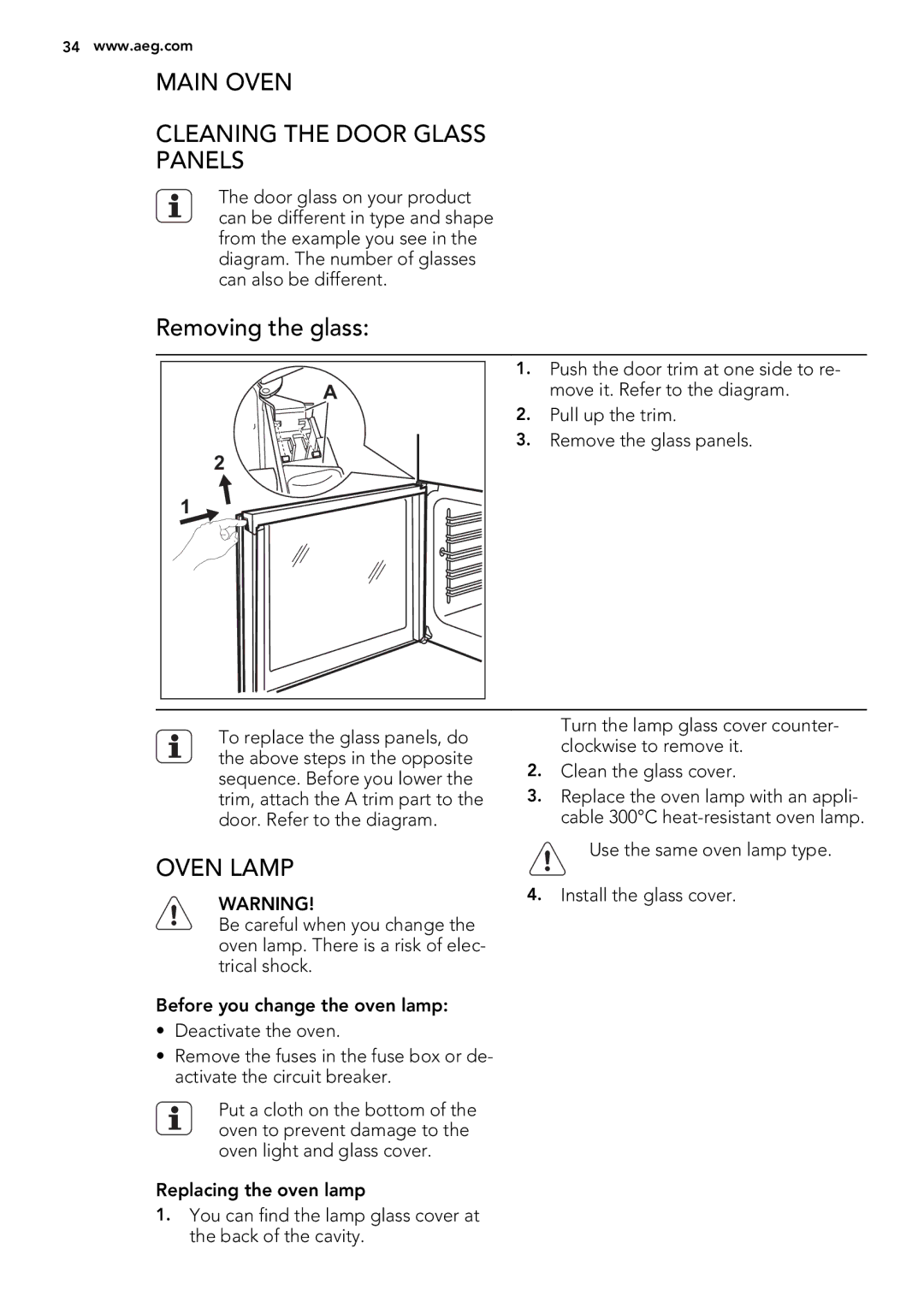 Electrolux 49002VMN user manual Main Oven Cleaning the Door Glass Panels, Oven Lamp 