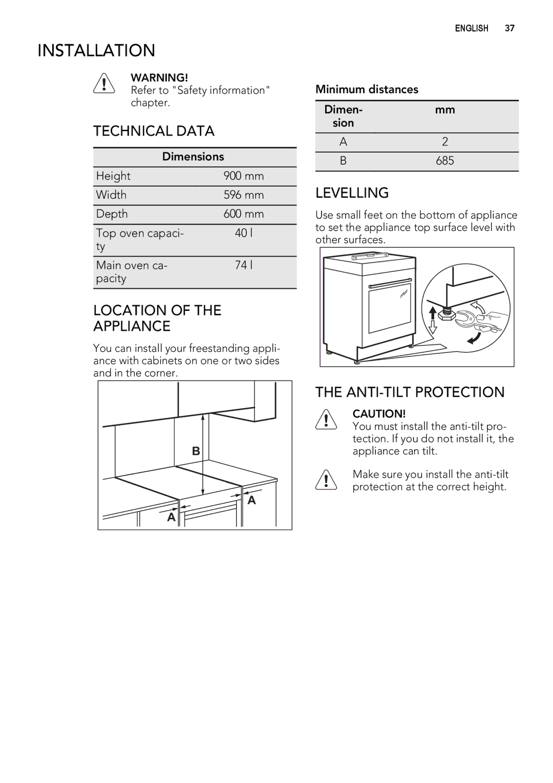 Electrolux 49002VMN user manual Installation, Technical Data, Location Appliance, Levelling, ANTI-TILT Protection 