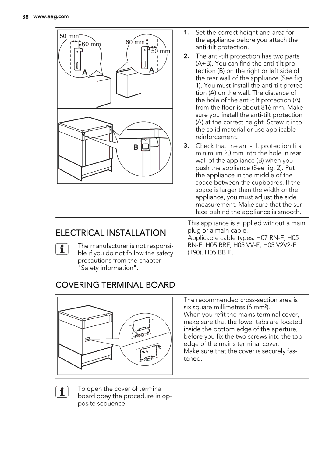 Electrolux 49002VMN user manual Electrical Installation, Covering Terminal Board 