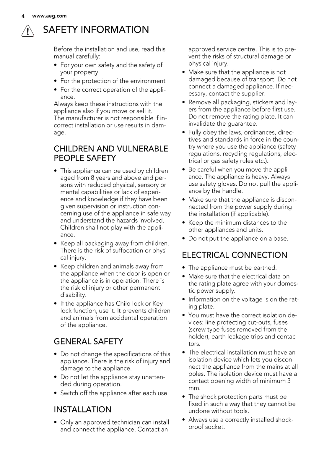 Electrolux 49002VMN user manual Safety Information, General Safety, Installation, Electrical Connection 