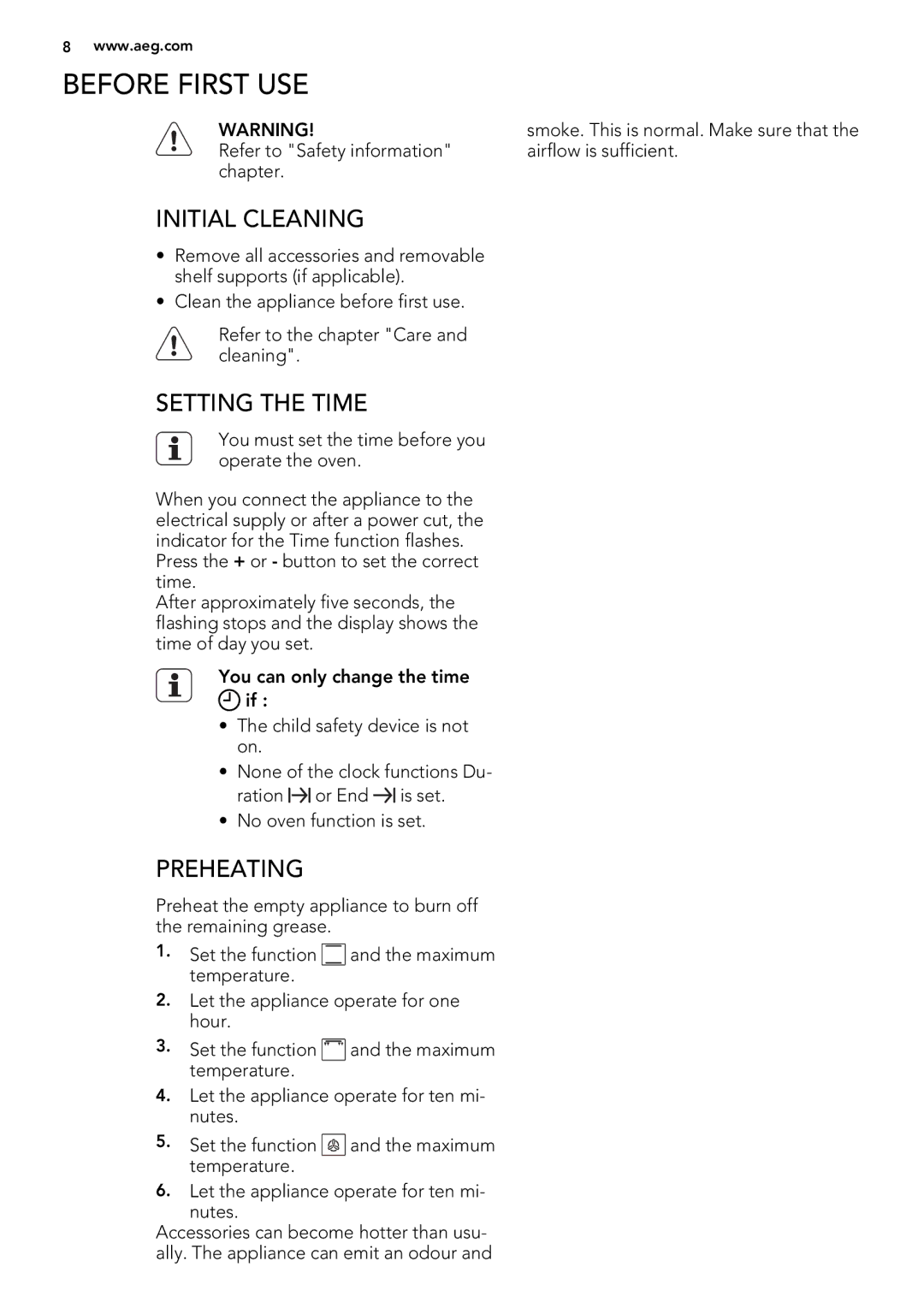 Electrolux 49002VMN user manual Before First USE, Initial Cleaning, Setting the Time, Preheating 