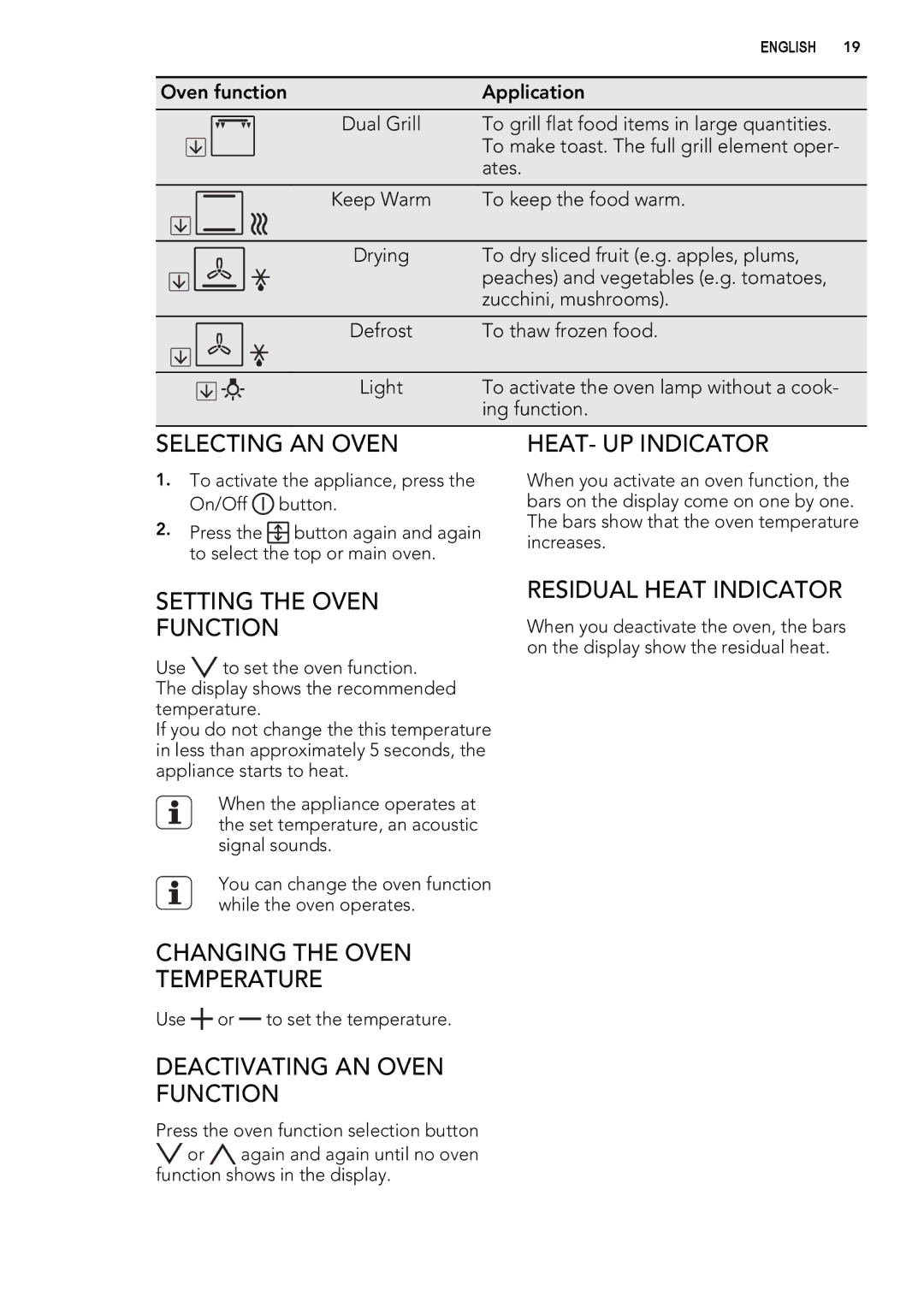 Electrolux 49332I-MN Selecting AN Oven, HEAT- UP Indicator, Setting the Oven Function, Changing the Oven Temperature 