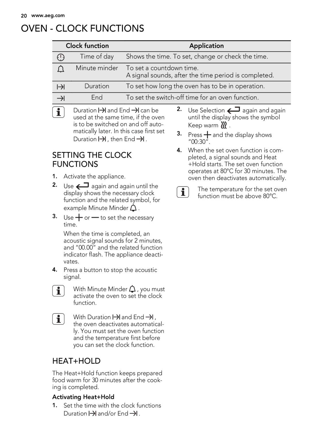 Electrolux 49332I-MN user manual Oven Clock Functions, Setting the Clock Functions, Heat+Hold 