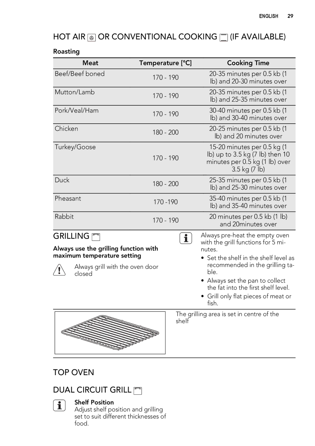 Electrolux 49332I-MN user manual HOT AIR or Conventional Cooking if Available, Grilling, TOP Oven Dual Circuit Grill 