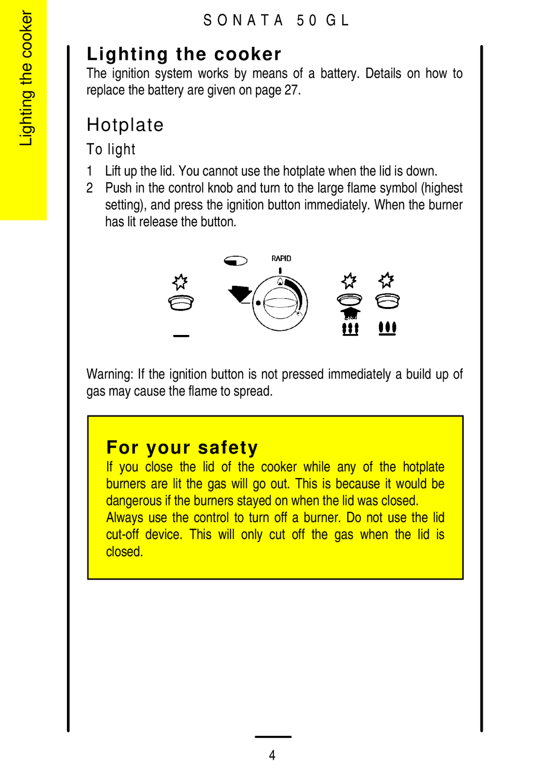 Electrolux 5 0 G L installation instructions Lighting the cooker, Hotplate 