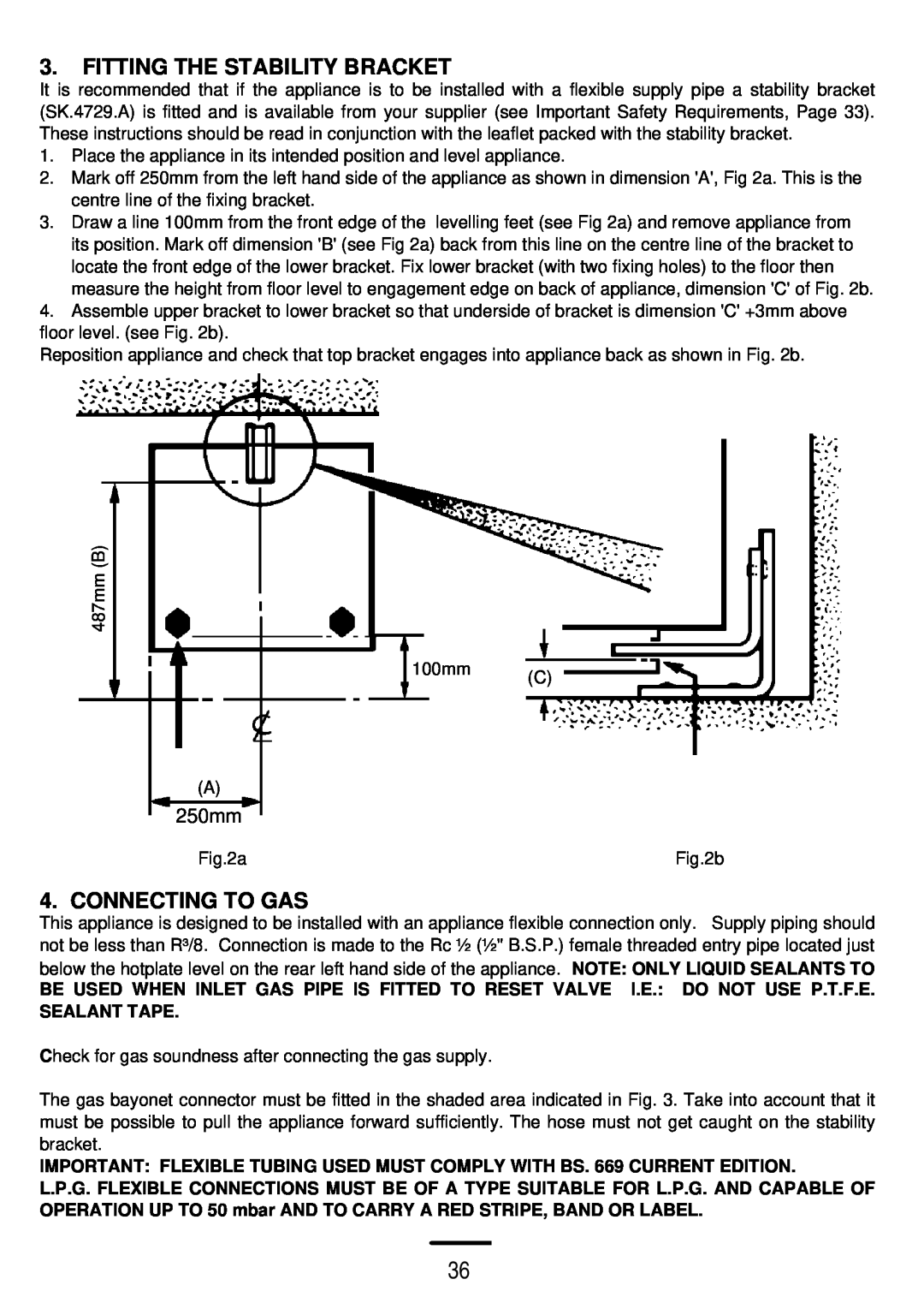 Electrolux 5 0 G L installation instructions Fitting The Stability Bracket, Connecting To Gas, 250mm 