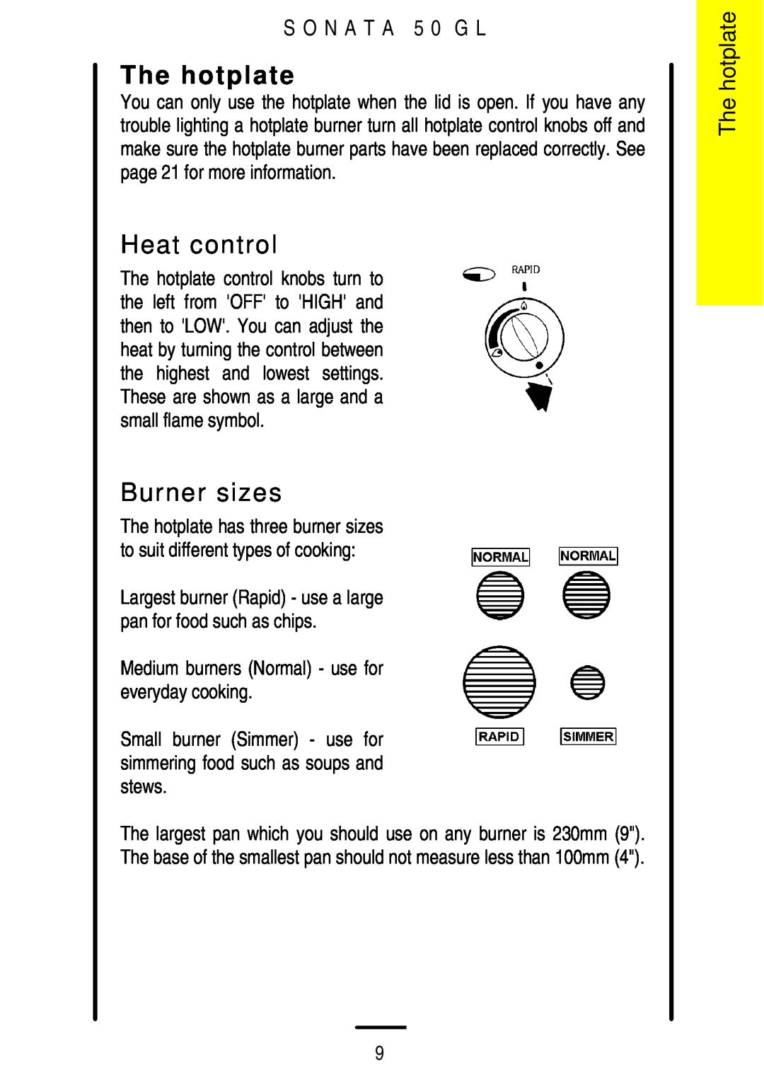 Electrolux installation instructions The hotplate, Burner sizes, Heat control, S O N A T A 5 0 G L 
