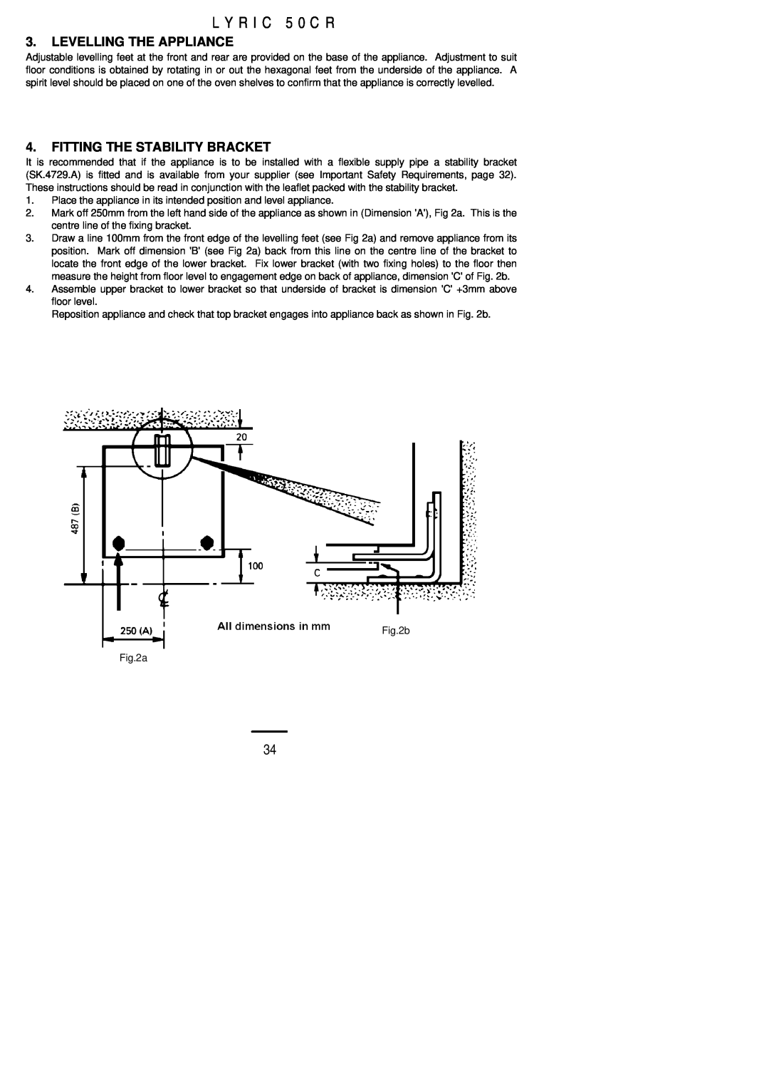 Electrolux 50 CR installation instructions L Y R I C 5 0 C R, Levelling The Appliance, Fitting The Stability Bracket 