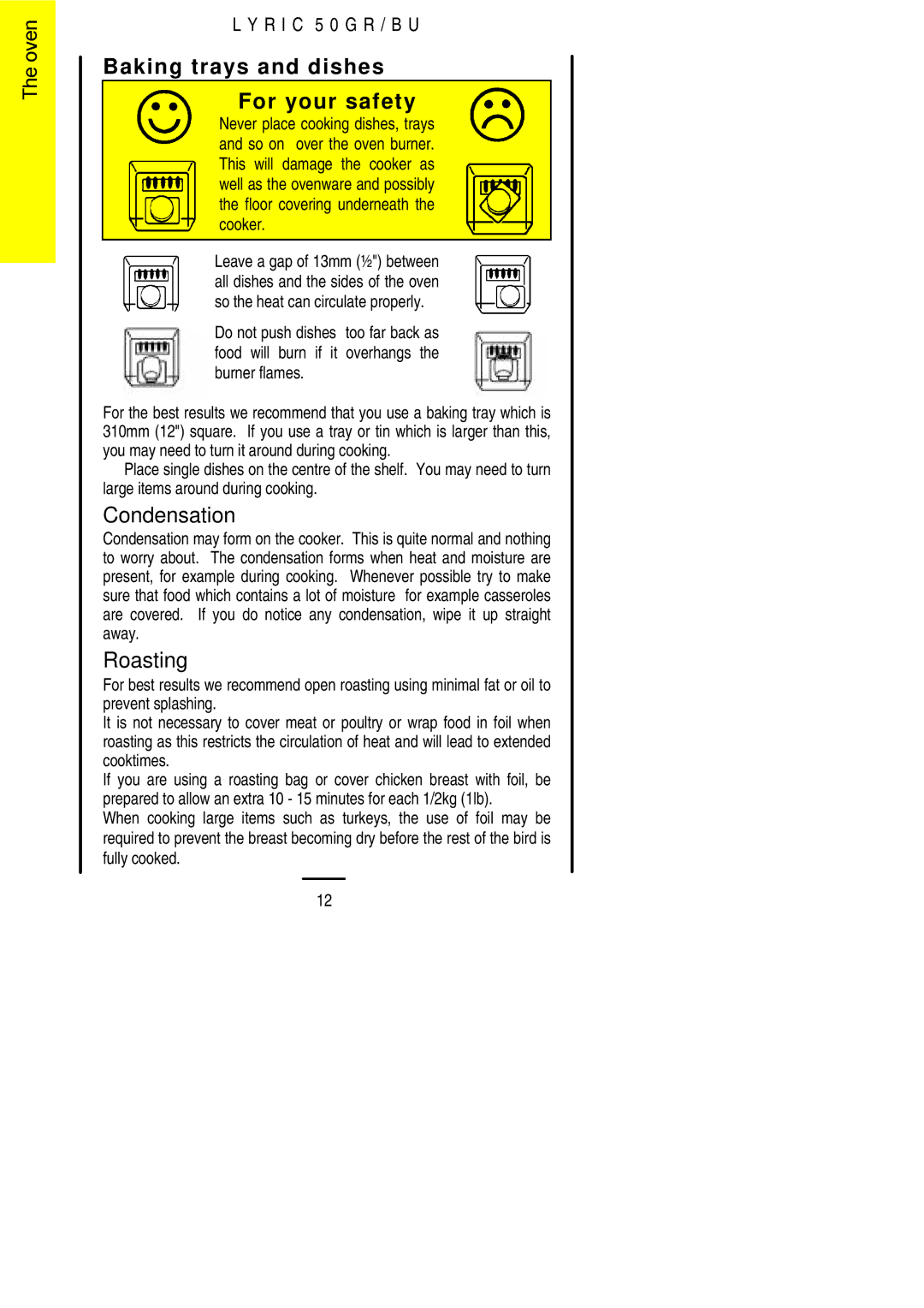 Electrolux 50 GR/BU installation instructions Baking trays and dishes For your safety, Condensation, Roasting 