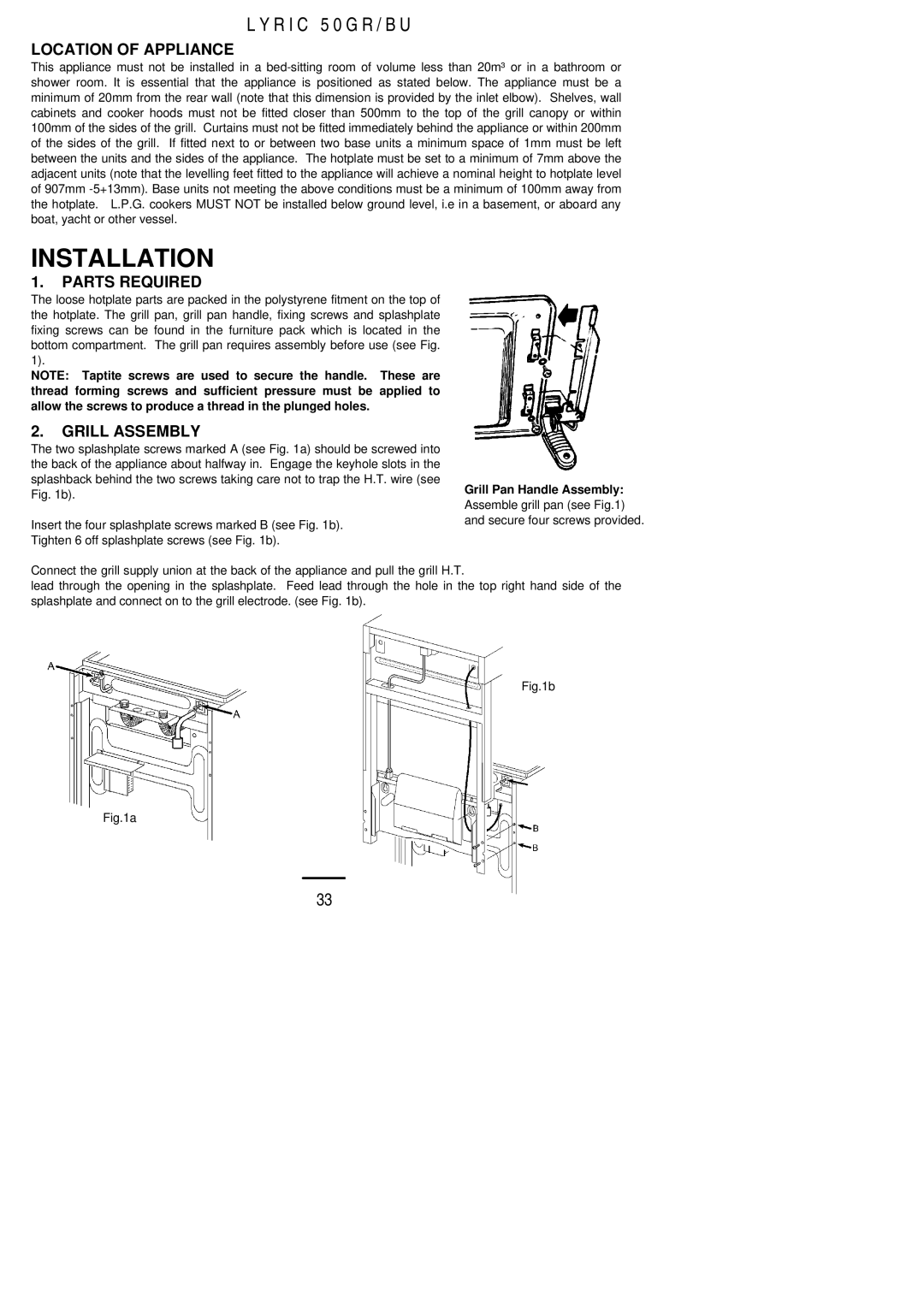 Electrolux 50 GR/BU installation instructions Location of Appliance, Parts Required, Grill Assembly 