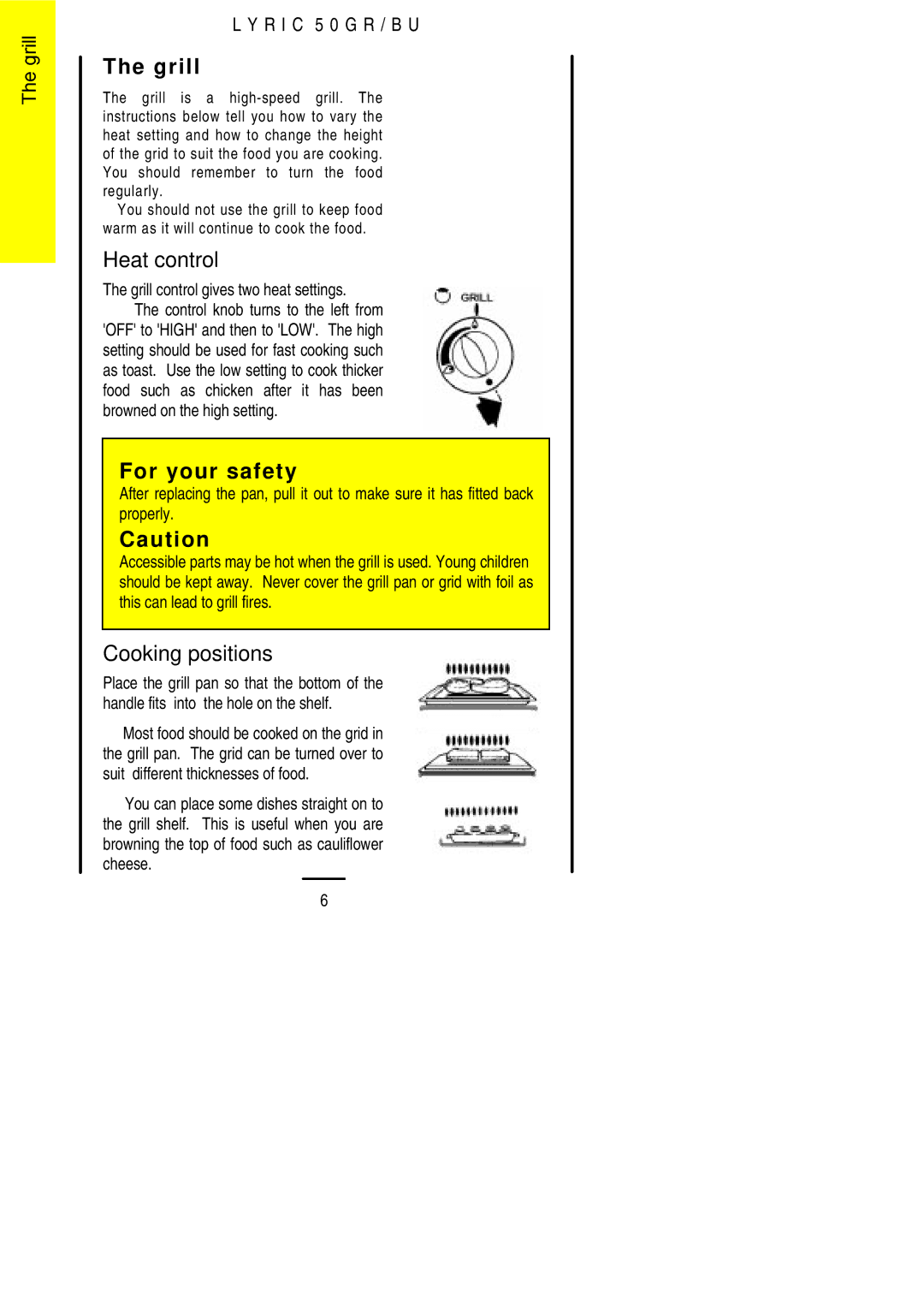 Electrolux 50 GR/BU installation instructions Heat control, Cooking positions, Grill control gives two heat settings 