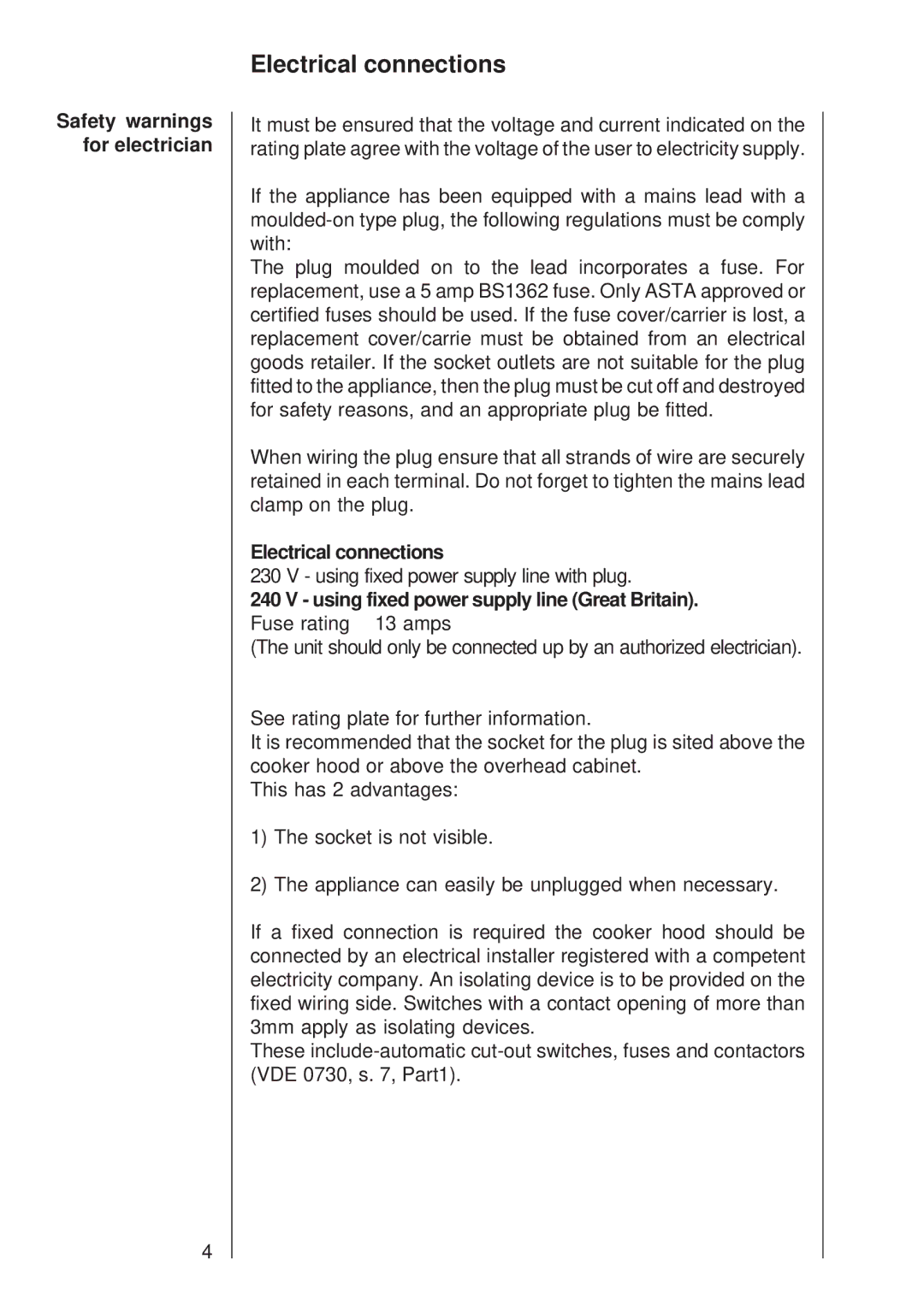 Electrolux 502 D manual Electrical connections, Safety warnings for electrician 