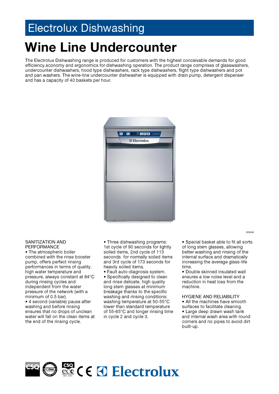 Electrolux 502040 manual Sanitization Performance, Hygiene and Reliability 