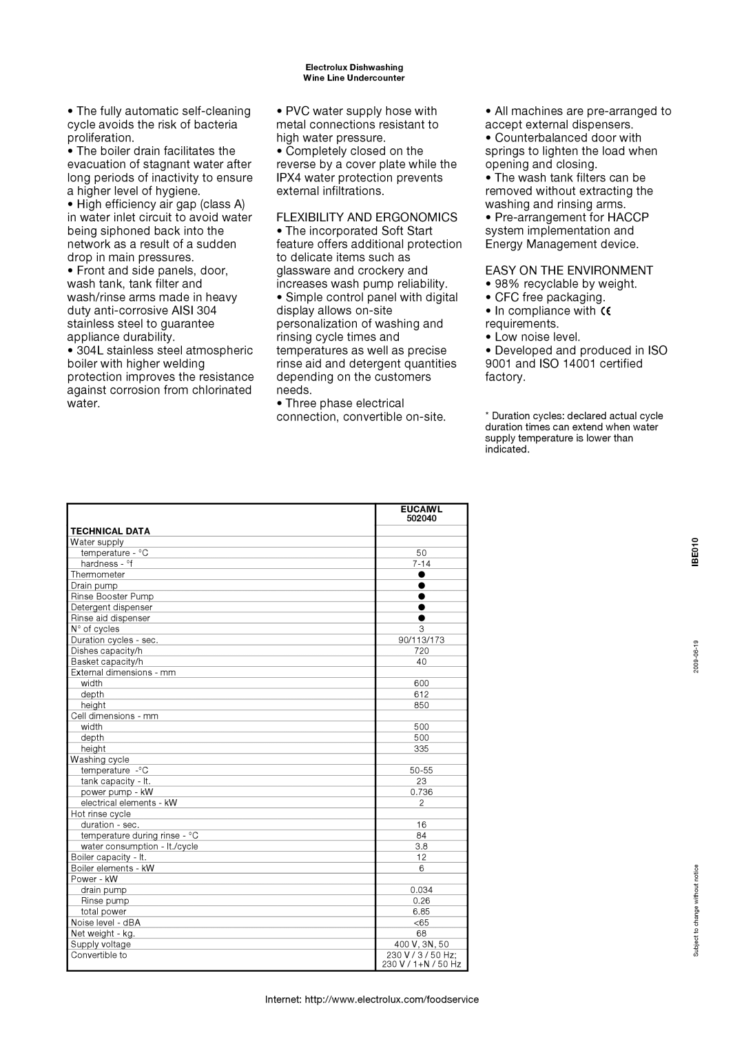 Electrolux 502040 manual Flexibility and Ergonomics, Easy on the Environment, Eucaiwl, Technical Data 