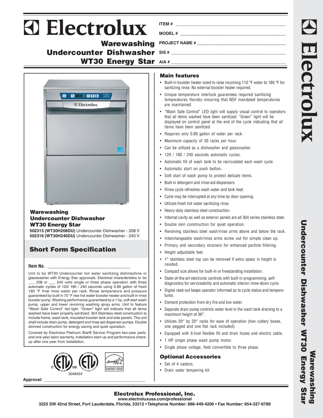 Electrolux 502315 warranty Short Form Specification 